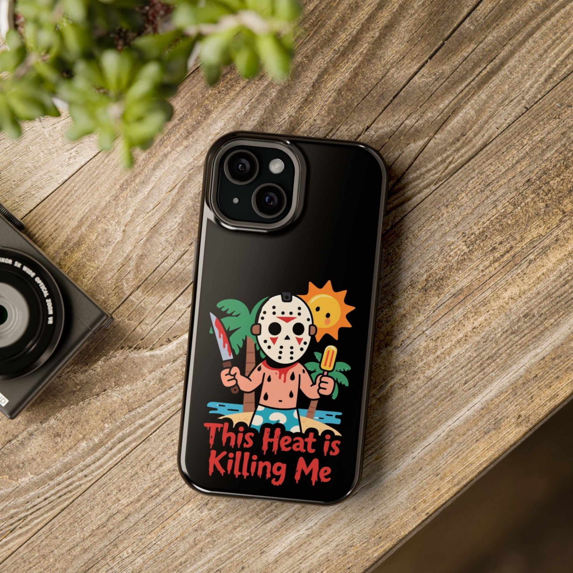 Summerween inspired tough iPhone case with "This Heat is Killing Me" funny design and MagSafe magnet