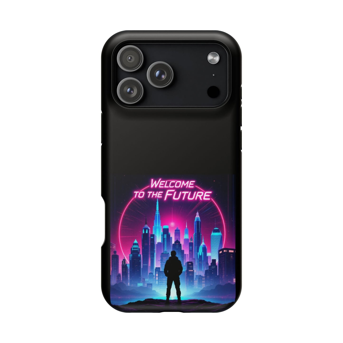 Futuristic Vibe iPhone Case with neon cityscape and "Welcome to the Future" text, durable MagSafe compatible design