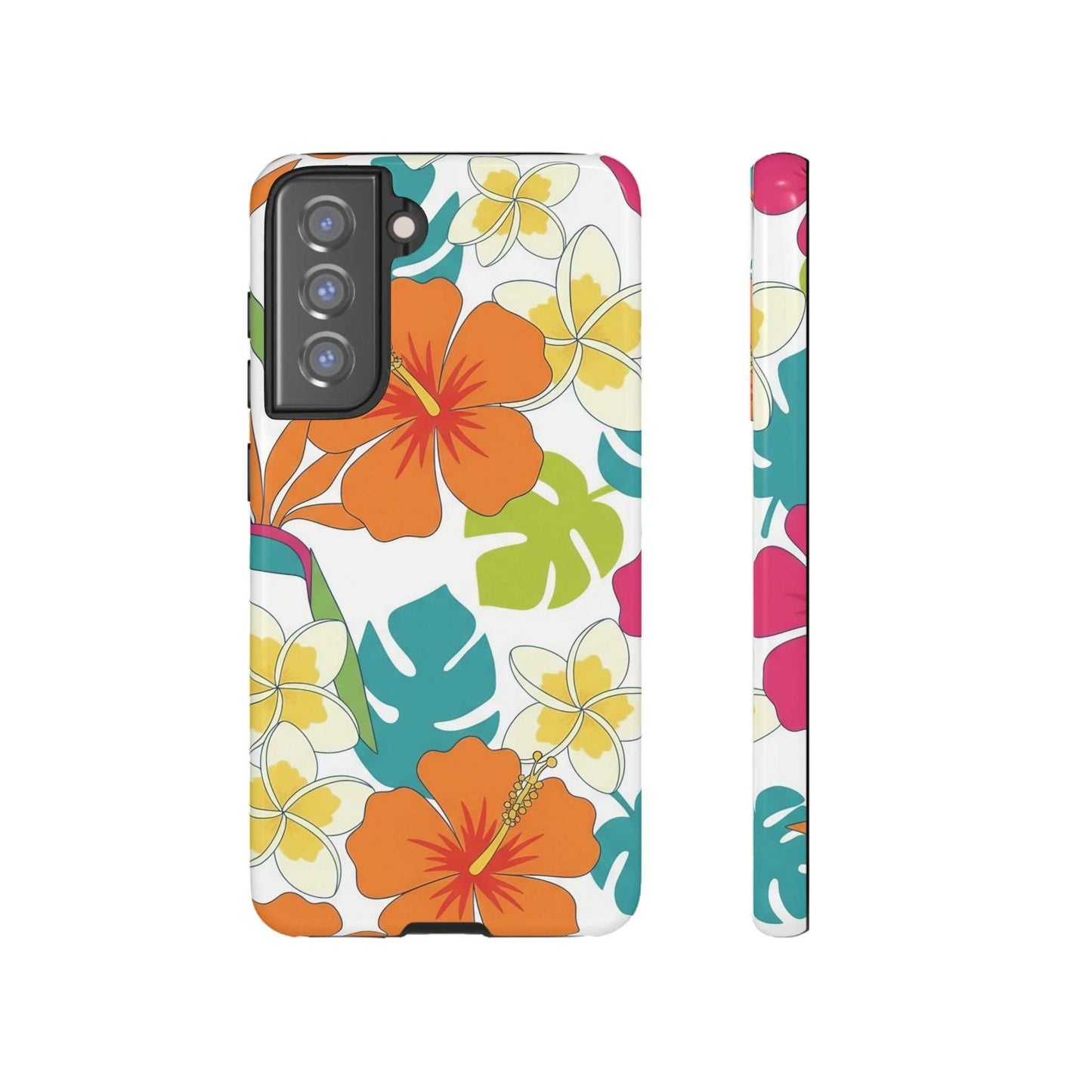 Orange floral Samsung case with tropical hibiscus print and durable shock-absorbing design