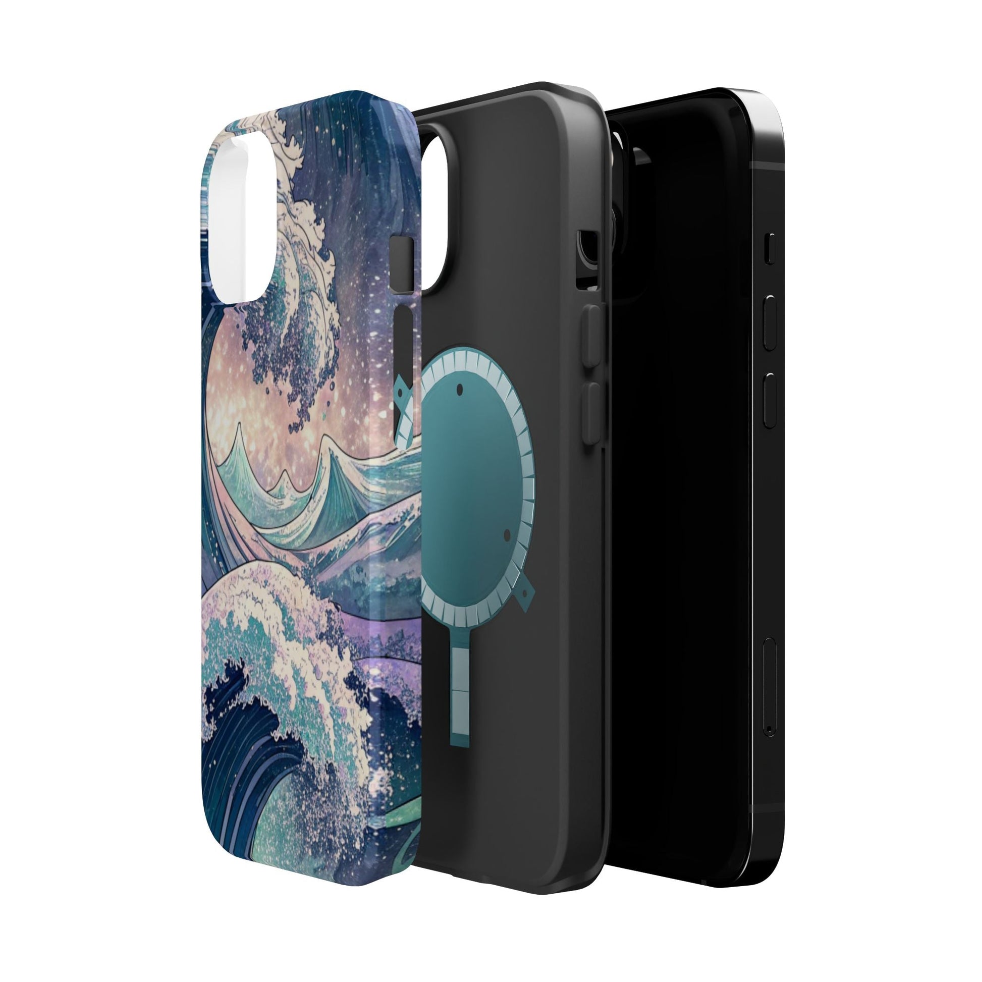 iPhone tough case with crashing waves design, magnetic MagSafe, dual-layer protection, matte or glossy finish
