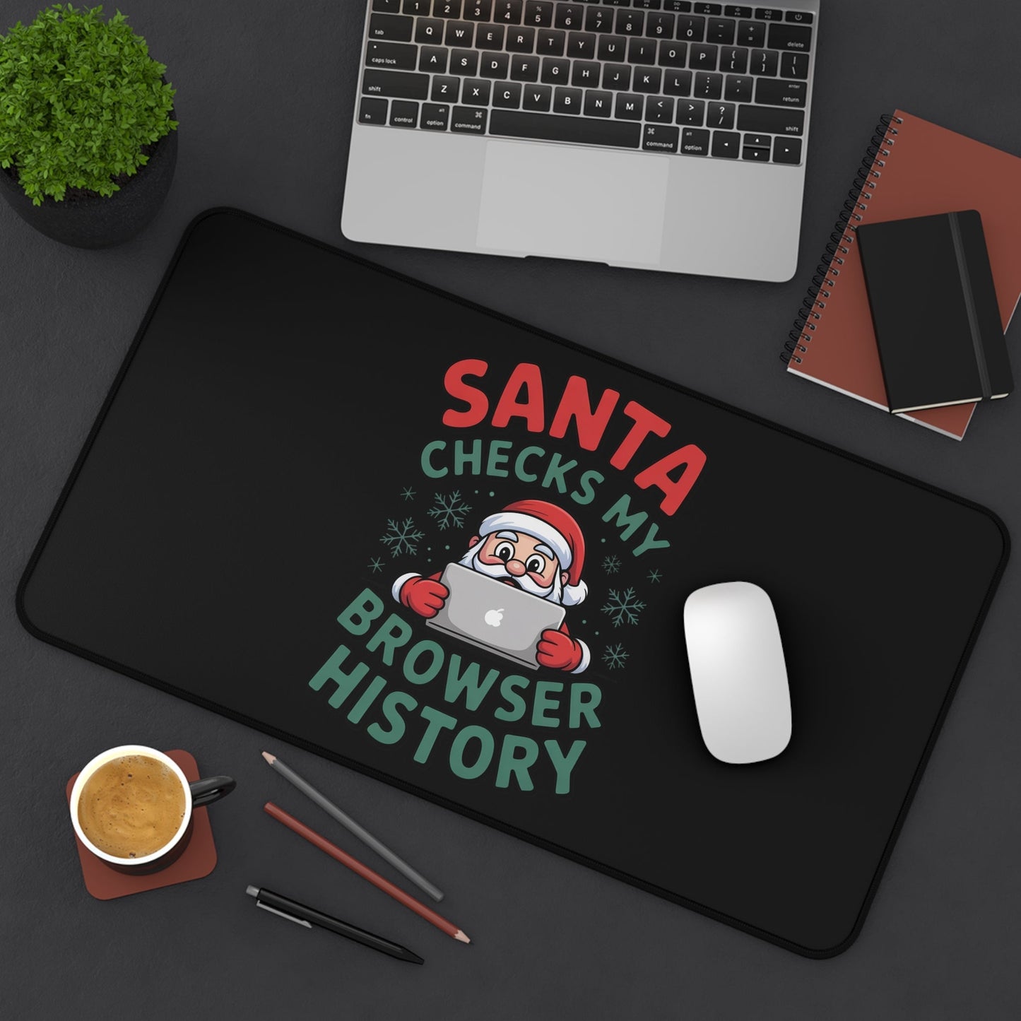 Funny Santa desk mat with cartoon Santa checking browser history in festive colors on black background