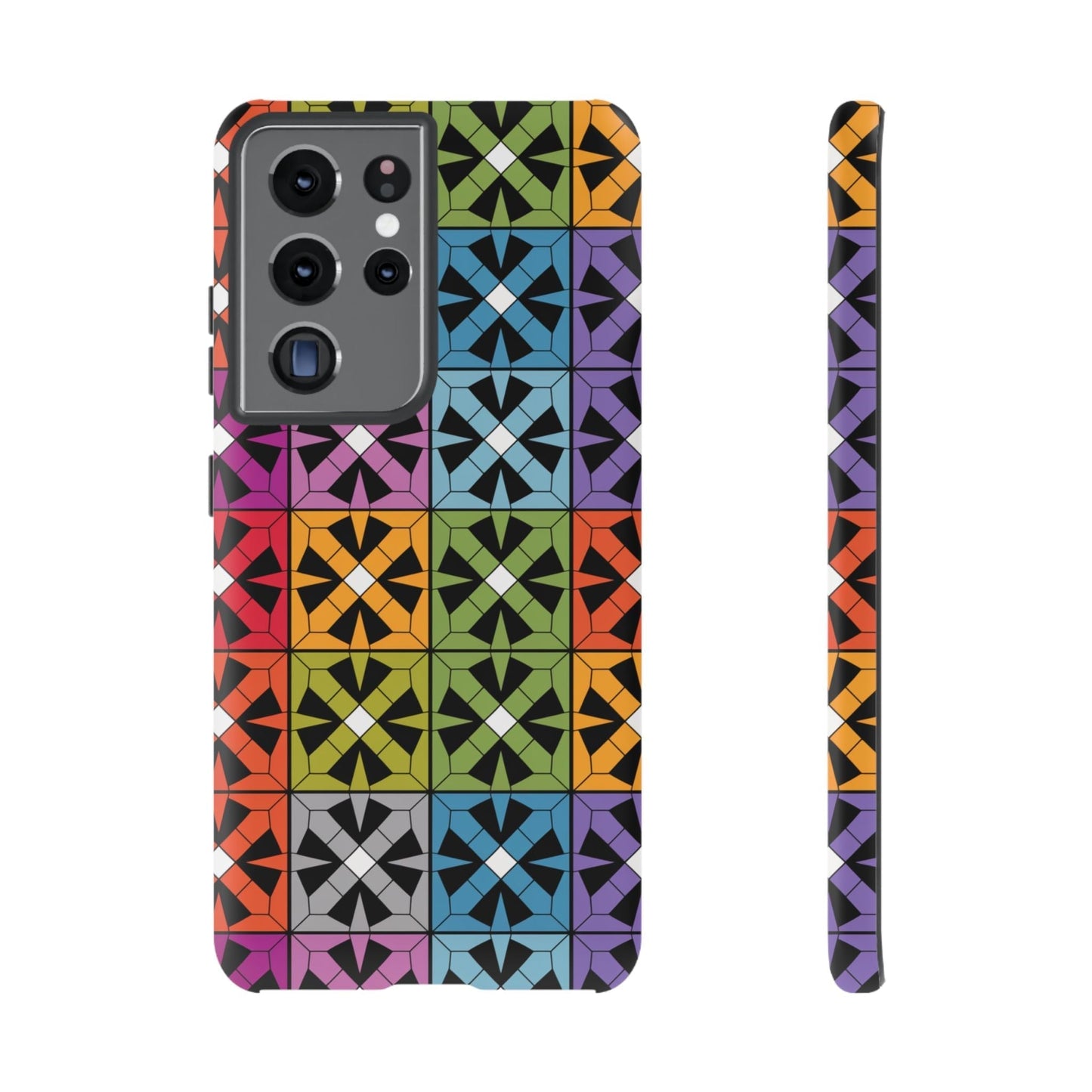 Samsung Galaxy case with durable shockproof rainbow abstract design in vibrant multicolor geometric pattern