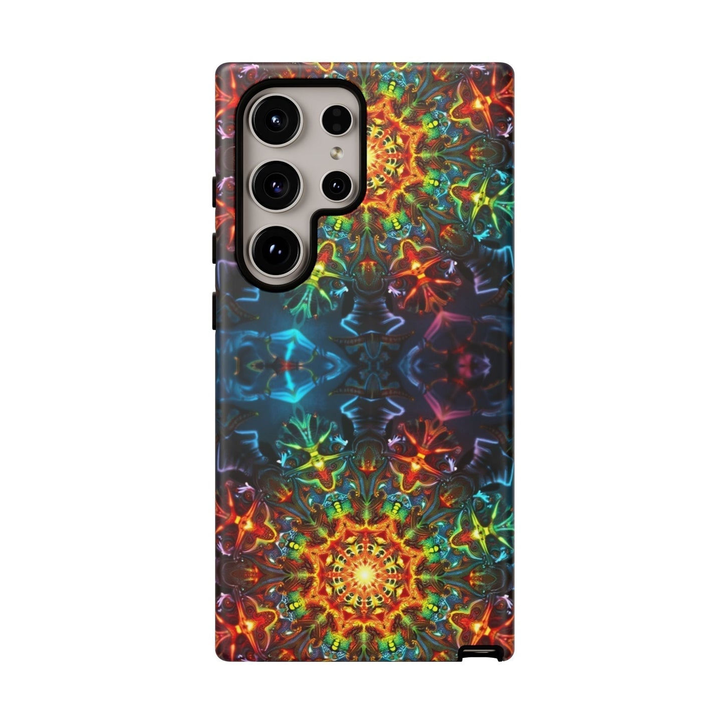 Abstract kaleidoscope Samsung phone case with vibrant, colorful, symmetrical pattern and protective design.