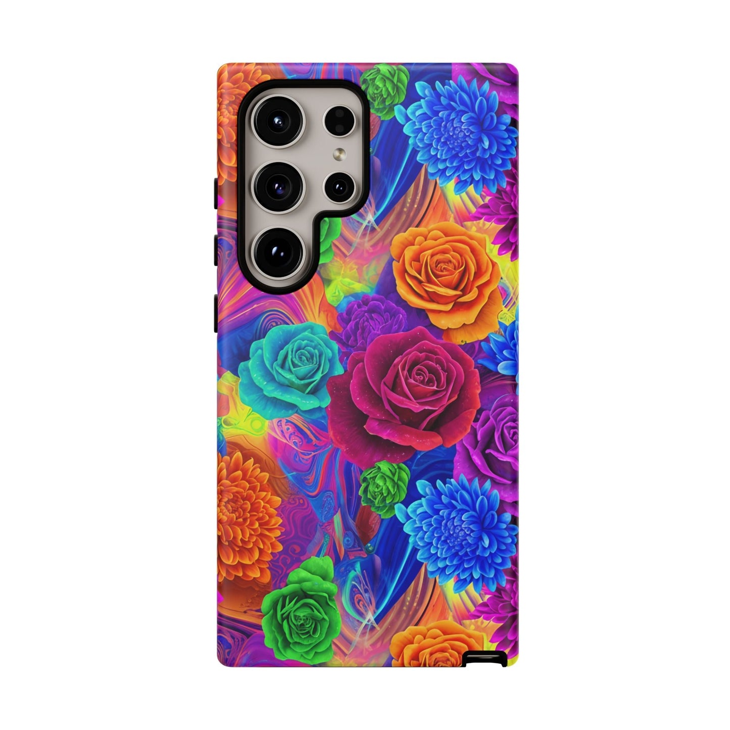 Vibrant floral Samsung phone case with colorful roses and chrysanthemums, durable shock-absorbing protective cover.