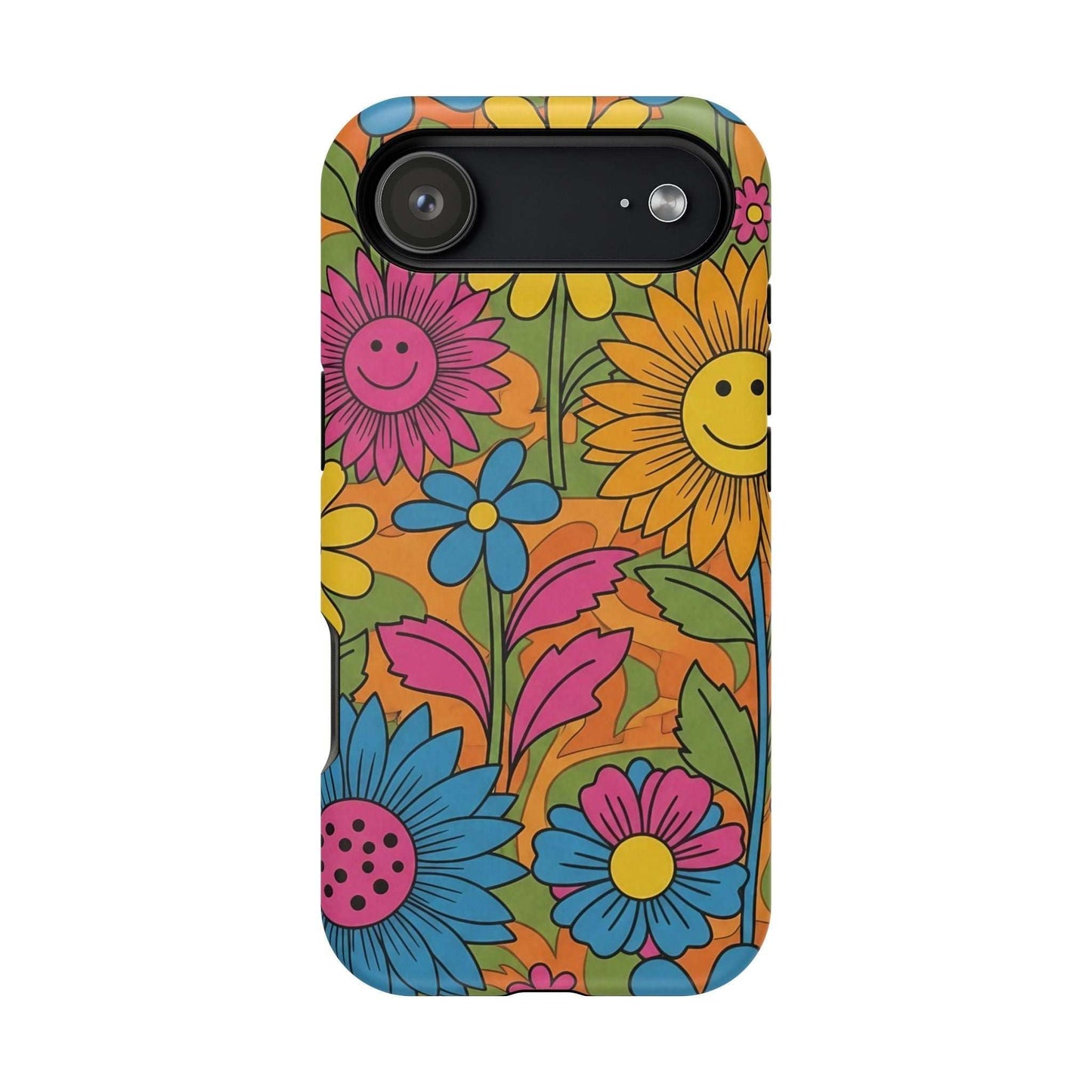 Flower Power iPhone Tough Case with vibrant smiling floral design and dual-layer protection