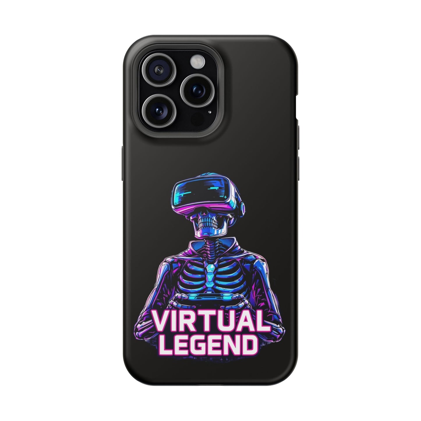 Virtual Legend Gamer iPhone case with durable black protective cover featuring neon skeleton wearing VR headset and bold text design