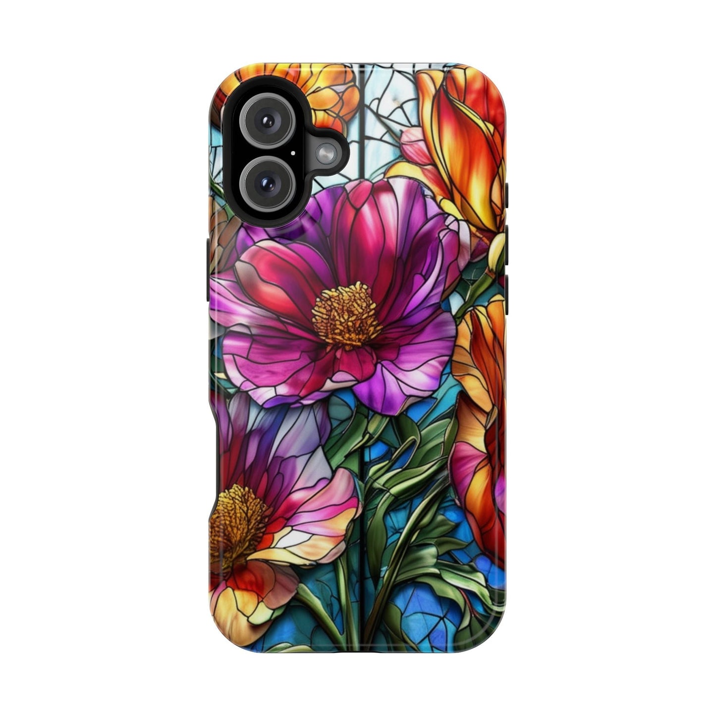 Vibrant purple flower iPhone case with durable polycarbonate and TPU liner, photo-realistic colorful design, MagSafe compatible, glossy or matte finish