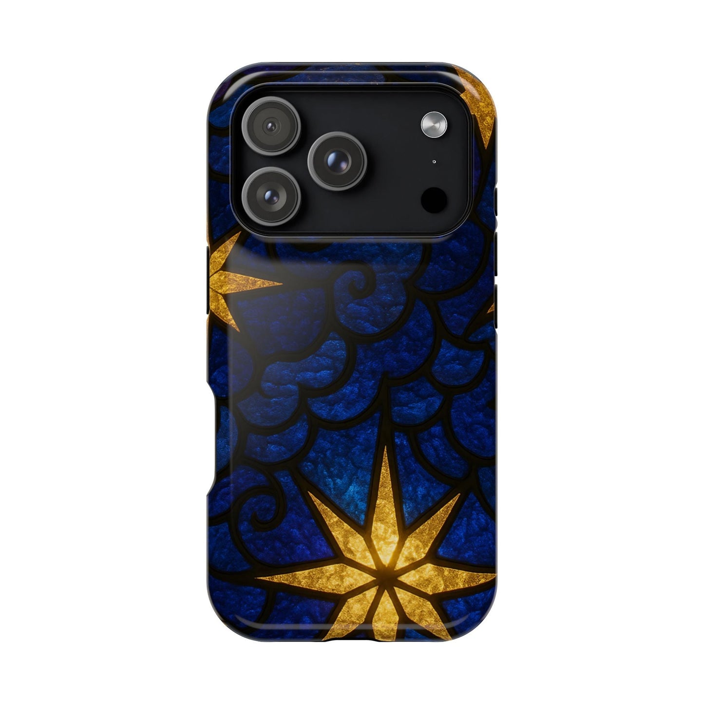 Golden Star Design iPhone tough case with blue background and gold star pattern, durable protective MagSafe compatible cover