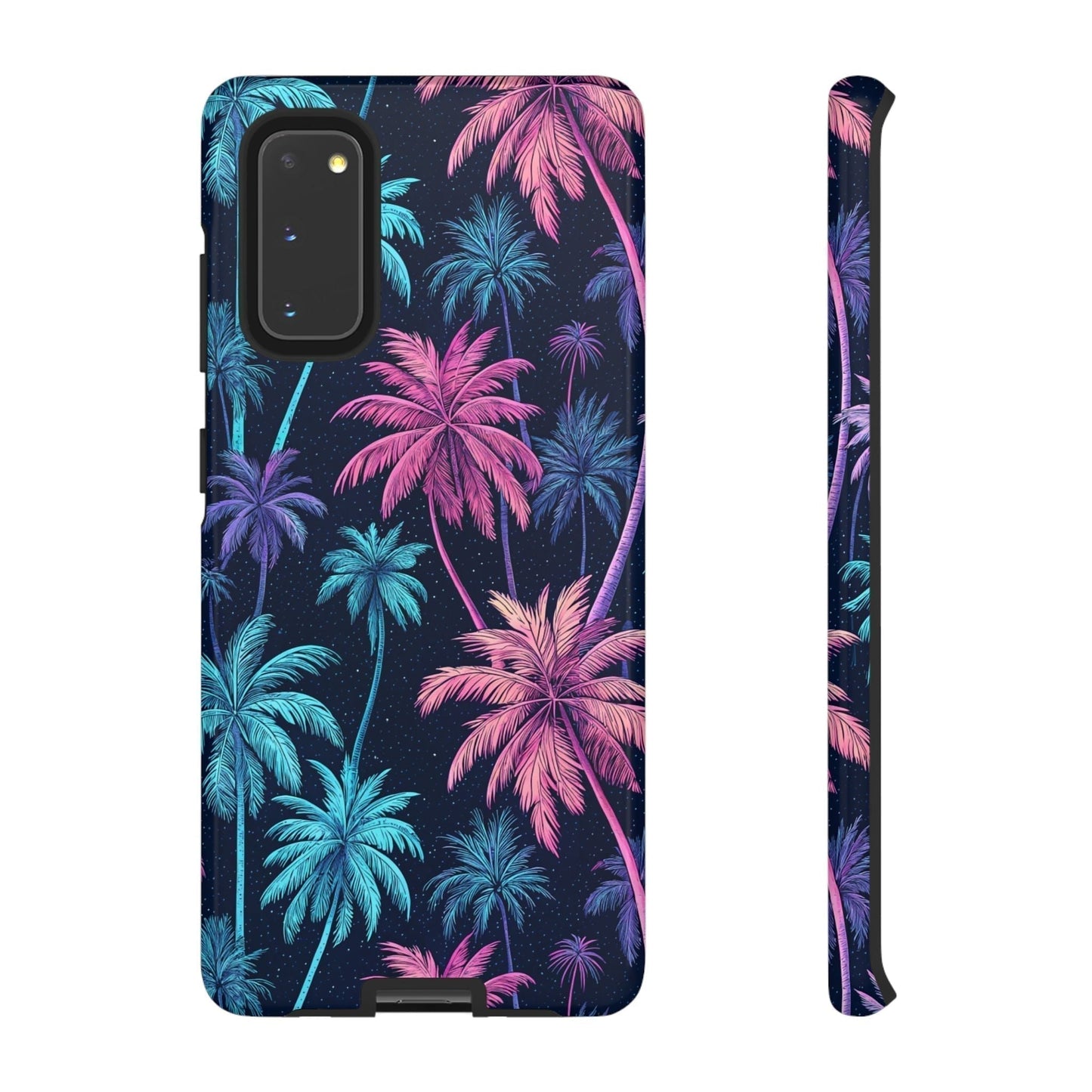Samsung Galaxy phone case with neon blue and pink palm tree pattern, lightweight and protective tropical design