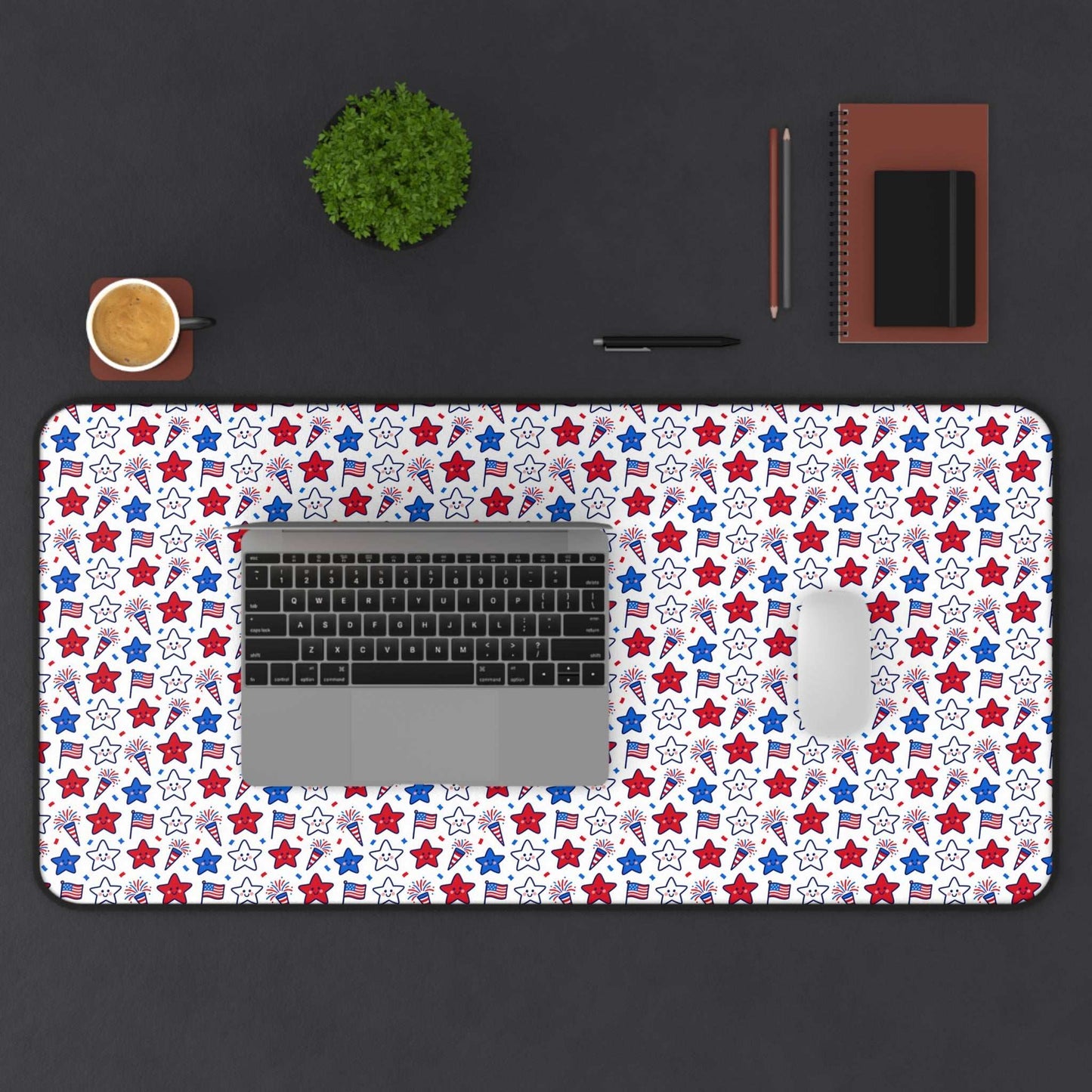 Kawaii 4th of July Desk Mat – Cute Patriotic Mouse Pad, Non-Slip Neoprene, Pastel Stars & Fireworks Workspace Mat