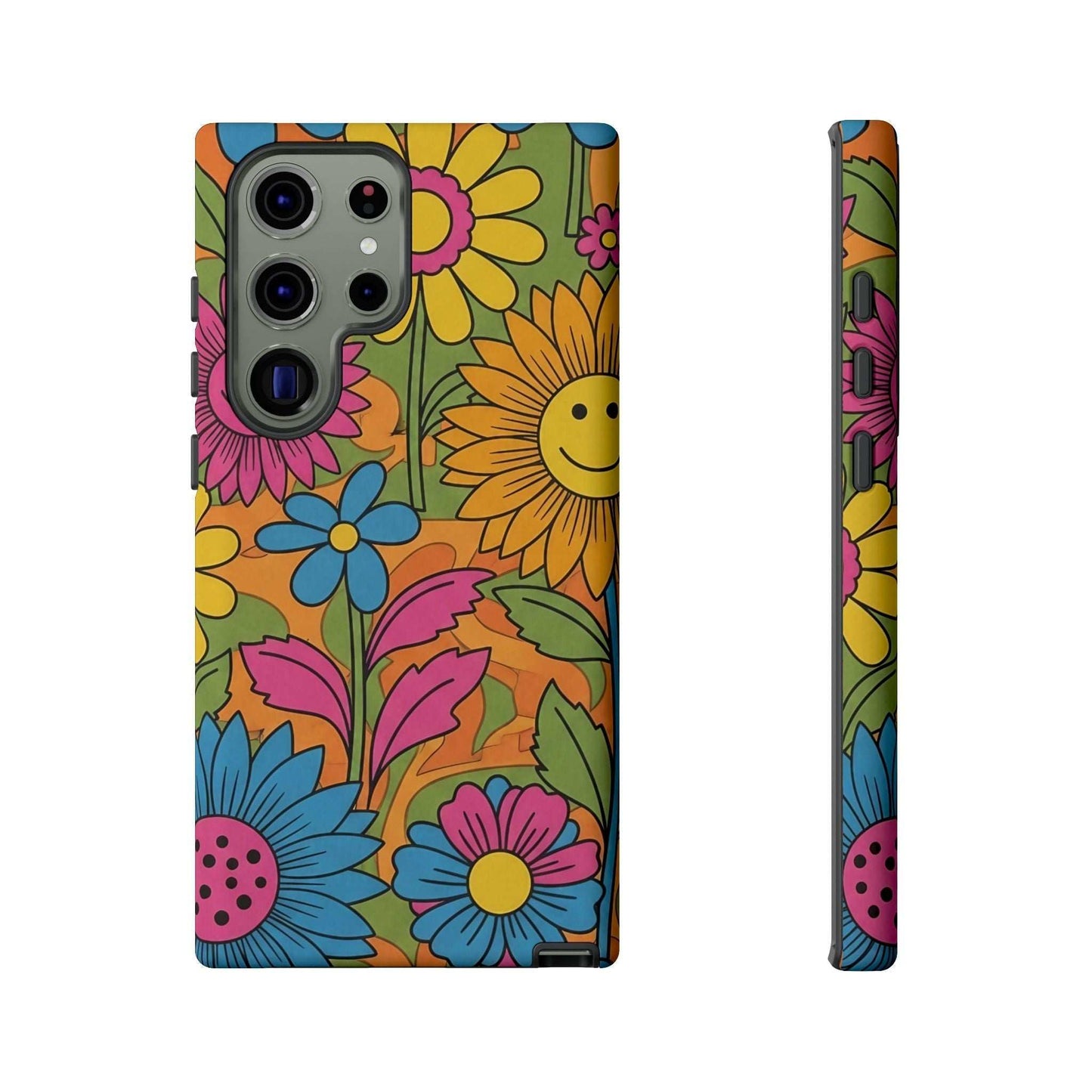 Samsung Phone Case with colorful retro flower power design and durable protective features