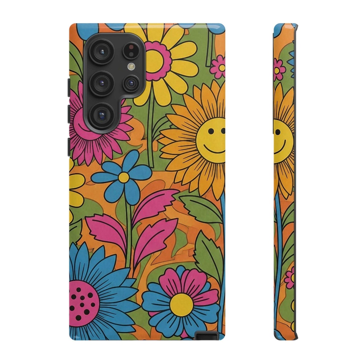Samsung Phone Case with colorful retro floral design and impact-resistant protection