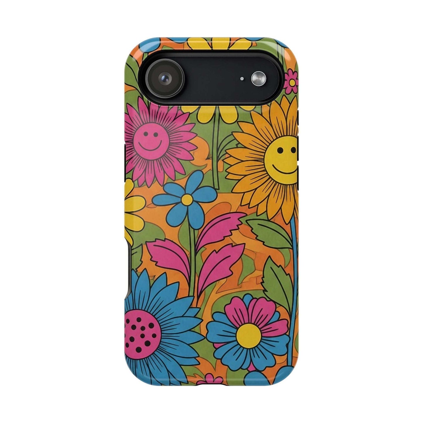 Flower Power iPhone Tough Case with colorful smiling flower design and durable polycarbonate protection