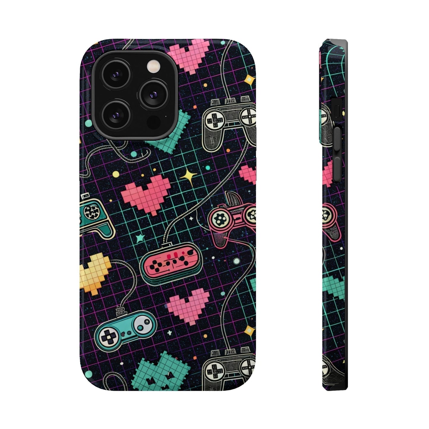 Retro Gamer Inspired durable dual-layer iPhone case with pixelated heart and game controller design, MagSafe compatible