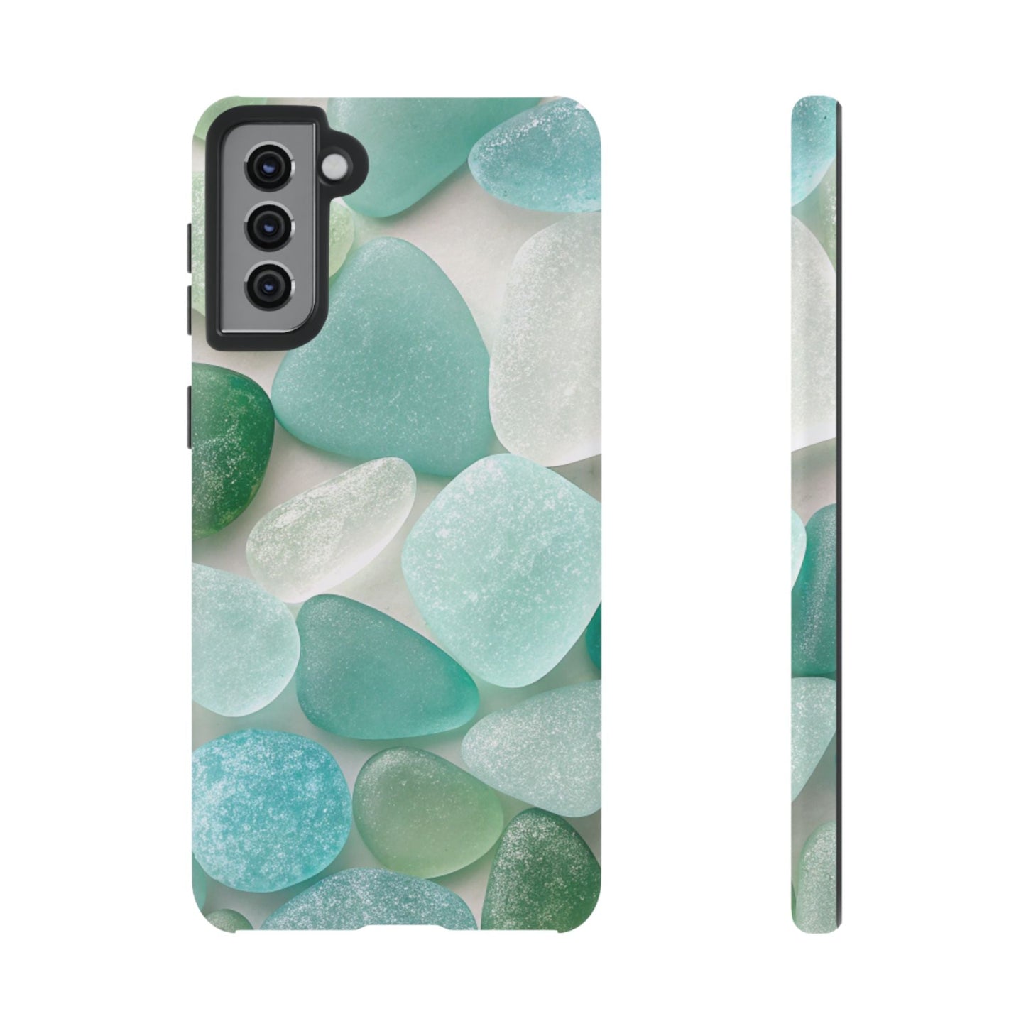 Samsung phone case with sea glass design in calming green and blue tones, durable and impact-resistant protective cover
