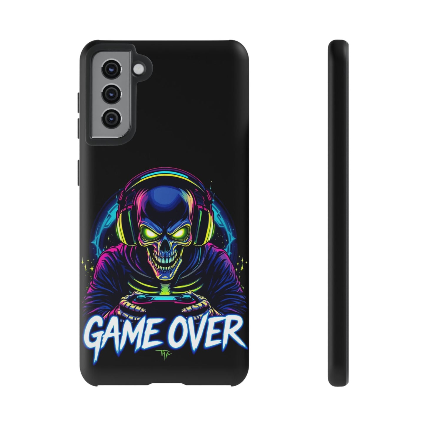 Samsung tough case with neon skull gamer design and "Game Over" text, durable impact-resistant phone cover for Galaxy models.