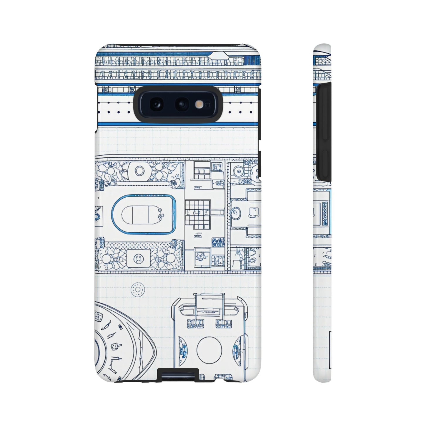 Samsung phone case with detailed cruise ship design blueprint, durable and impact-resistant protective cover
