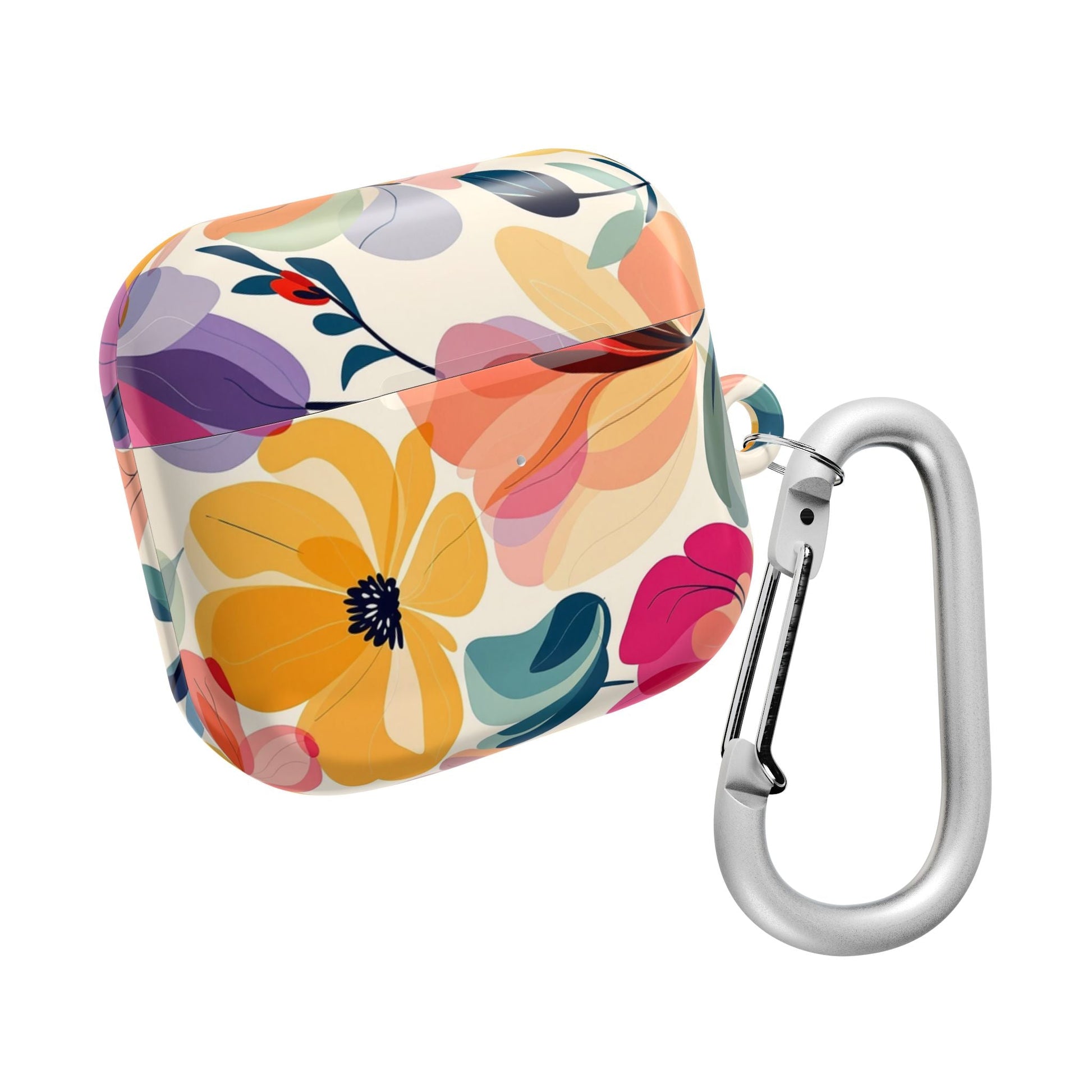 Floral AirPod Case with colorful watercolor flower design and attached silver carabiner clip