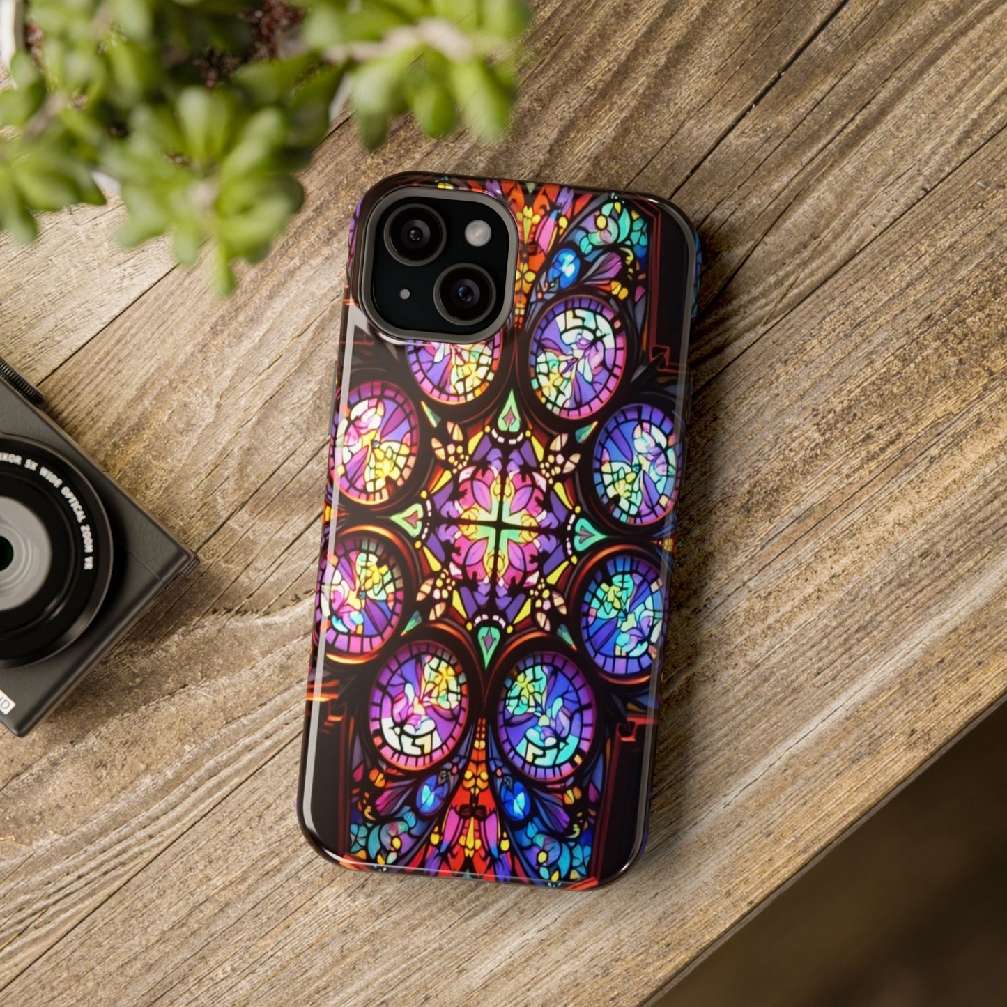Colorful Hypnotic Stain Glass iPhone tough case with vibrant stained-glass pattern and MagSafe compatibility on wooden surface