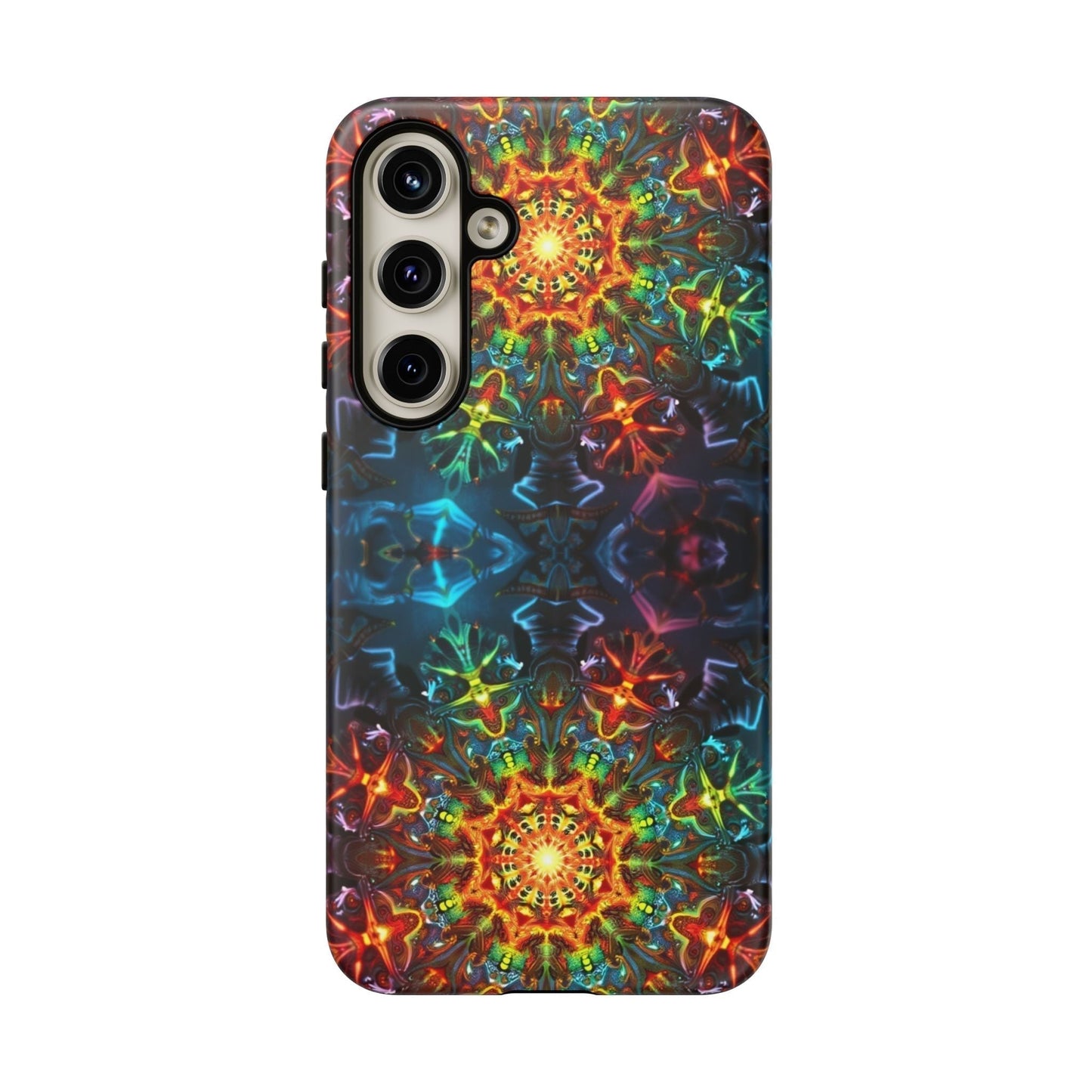 Abstract Kaleidoscope Samsung phone case with vibrant, symmetrical, multicolored kaleidoscope design and durable protective build.
