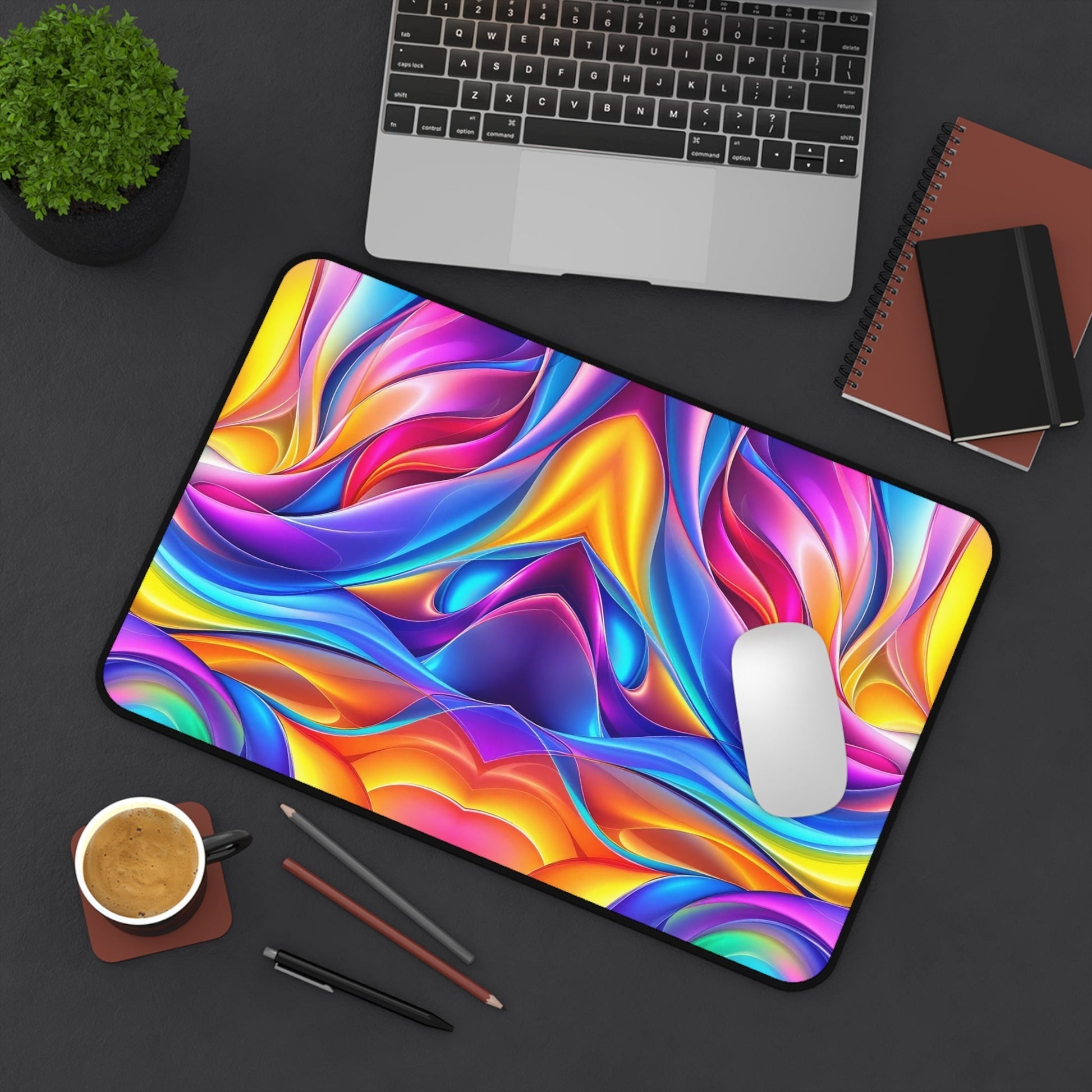 Modern Rainbow Waves colorful desk mat with vibrant abstract wave pattern under laptop and mouse on black desk