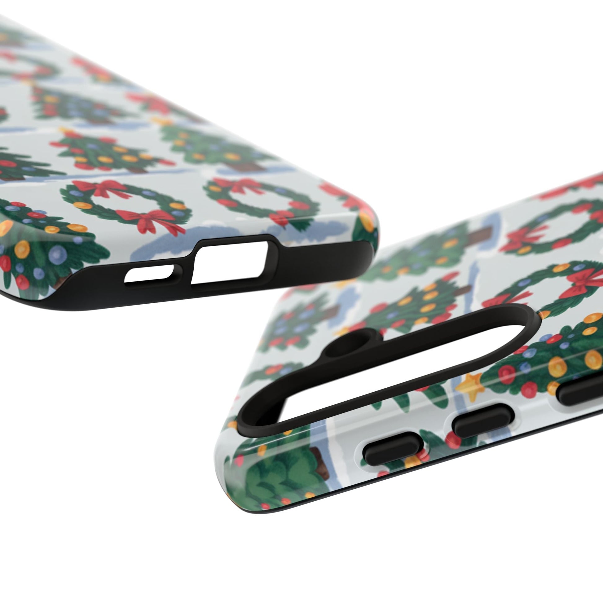 Samsung phone case with festive holiday wreath and Christmas tree design for durable protection
