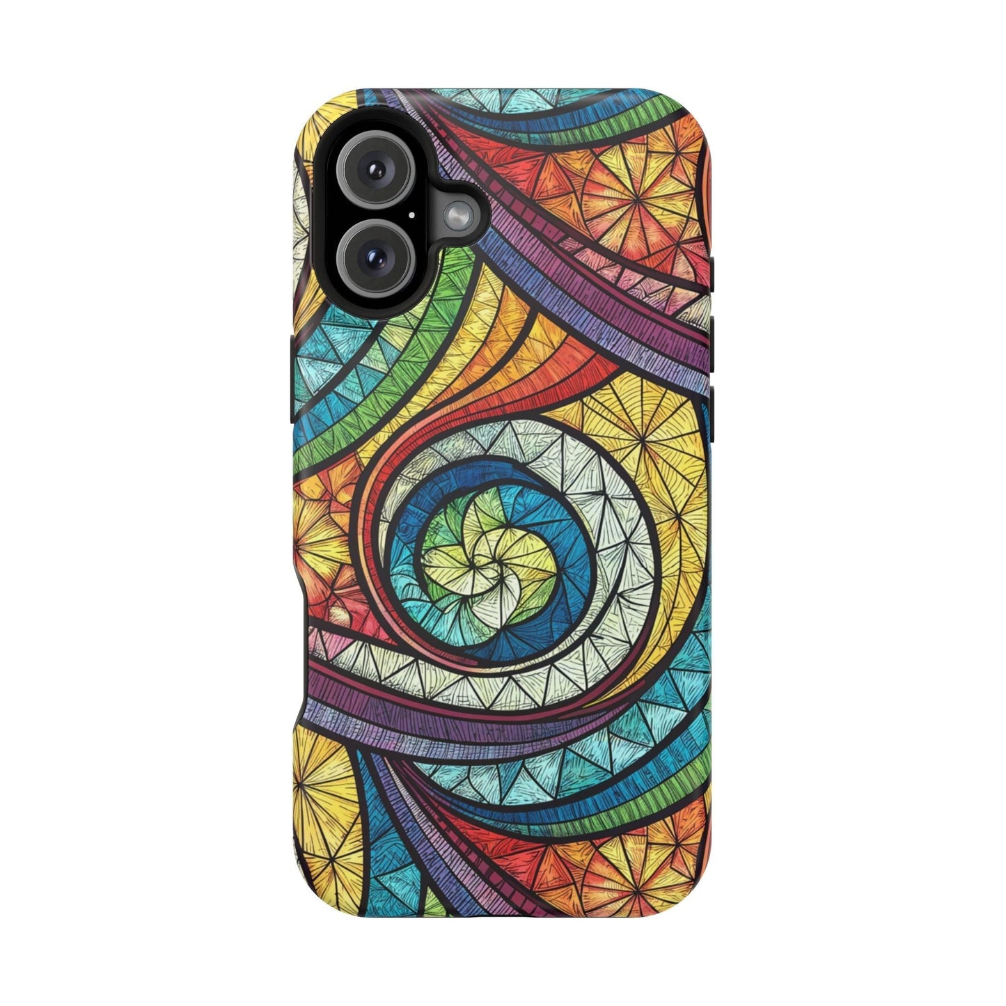 iPhone case with stained glass inspired rainbow swirl design and durable protective build
