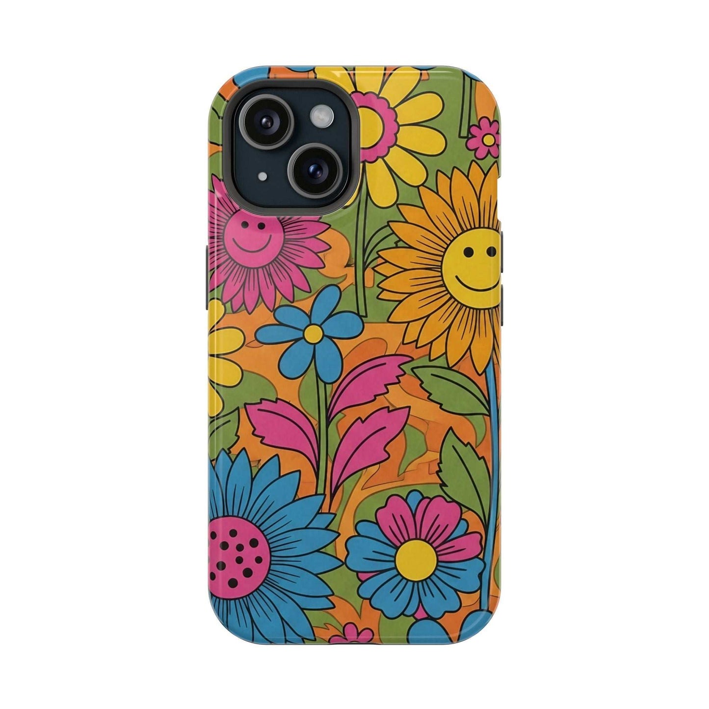 Flower Power iPhone Tough Case with vibrant colorful floral design, durable polycarbonate, glossy finish, and MagSafe compatible