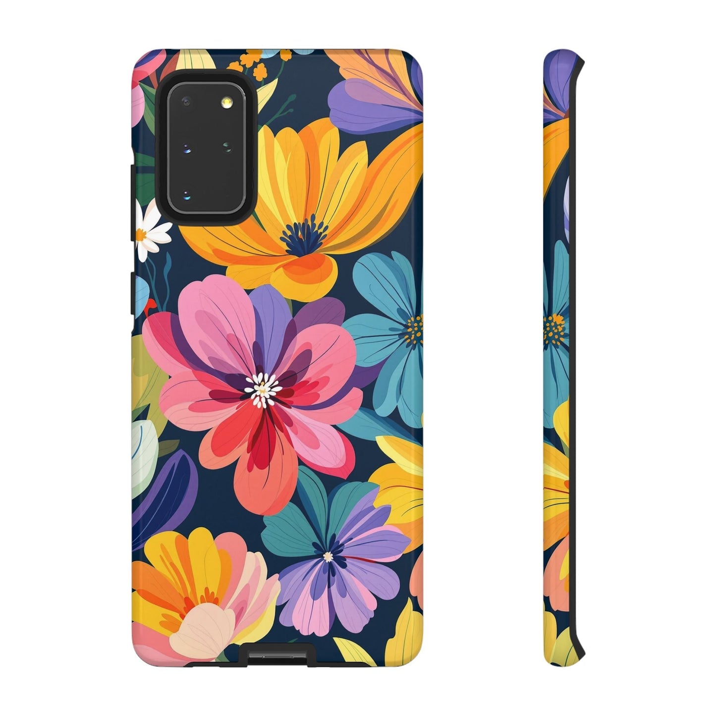 Colorful floral Samsung phone case with durable shock-absorbing design and vibrant flowers
