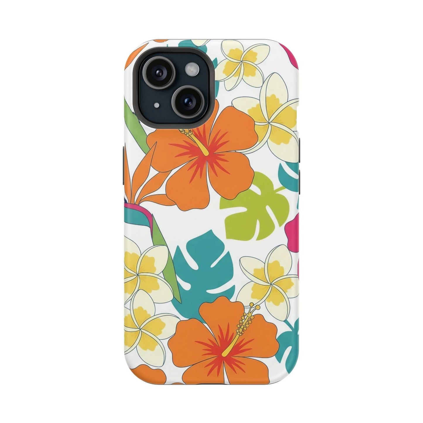 MagSafe compatible floral iPhone case with orange and yellow tropical flower design and durable impact-resistant protection