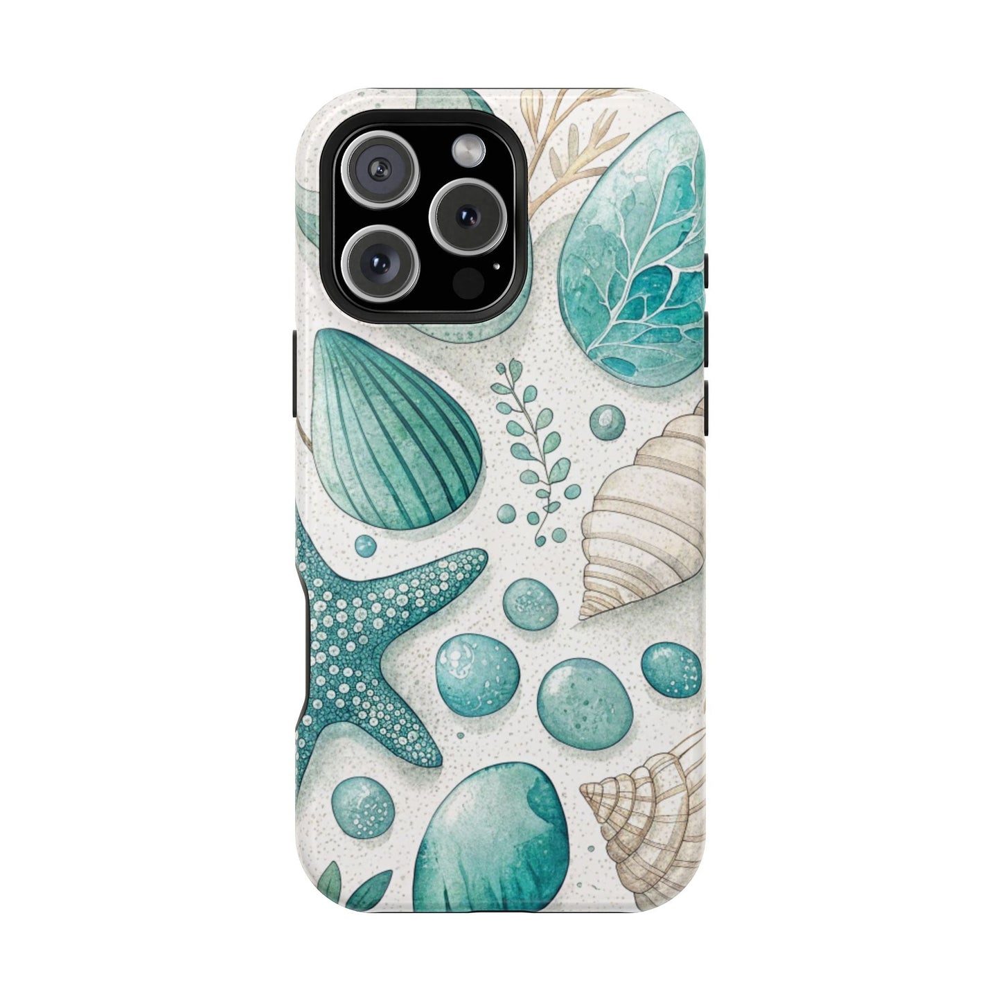 Celebration Sea iPhone Tough Case with vibrant sea shells and starfish design, durable protective dual-layer cover with MagSafe compatibility