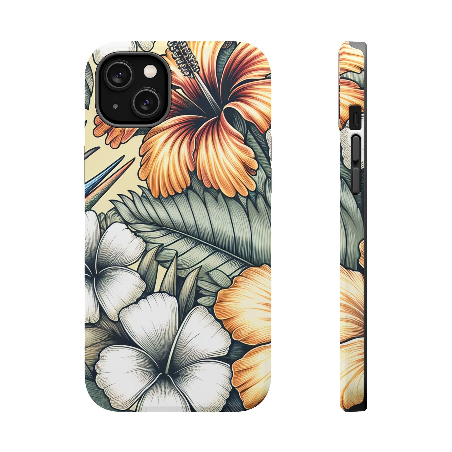 Golden Tropical Floral iPhone tough case with dual-layer protection and MagSafe compatibility