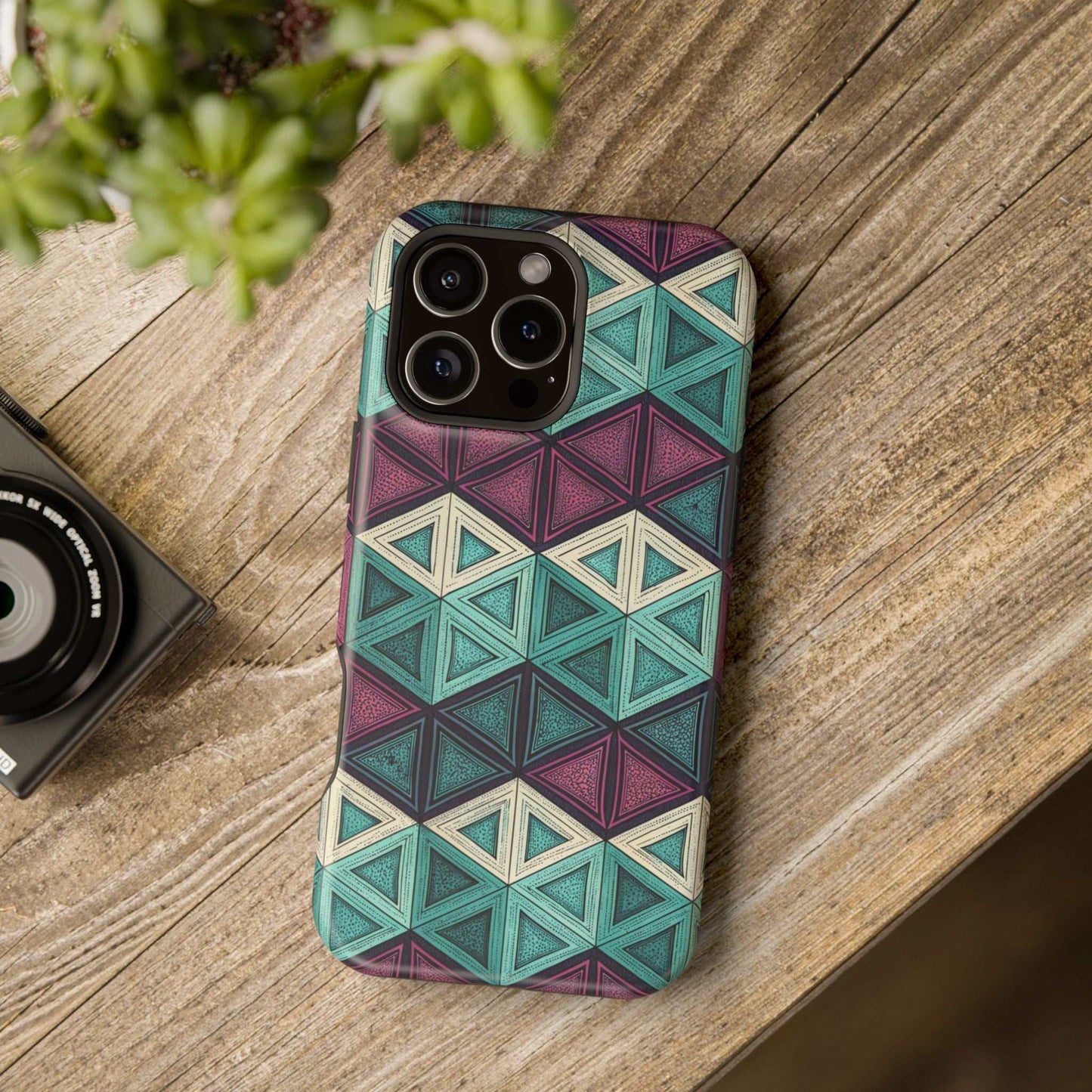 Purple and Teal Abstract geometric patterned magnetic iPhone tough case with MagSafe compatibility