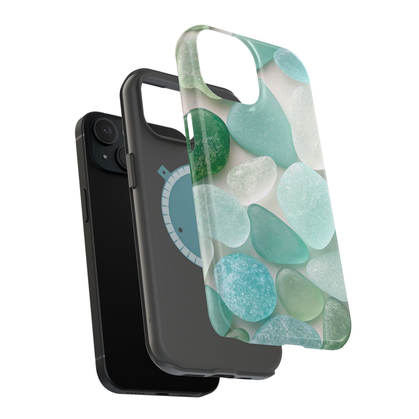 iPhone case with sea glass inspired design in blue and green tones and MagSafe compatibility
