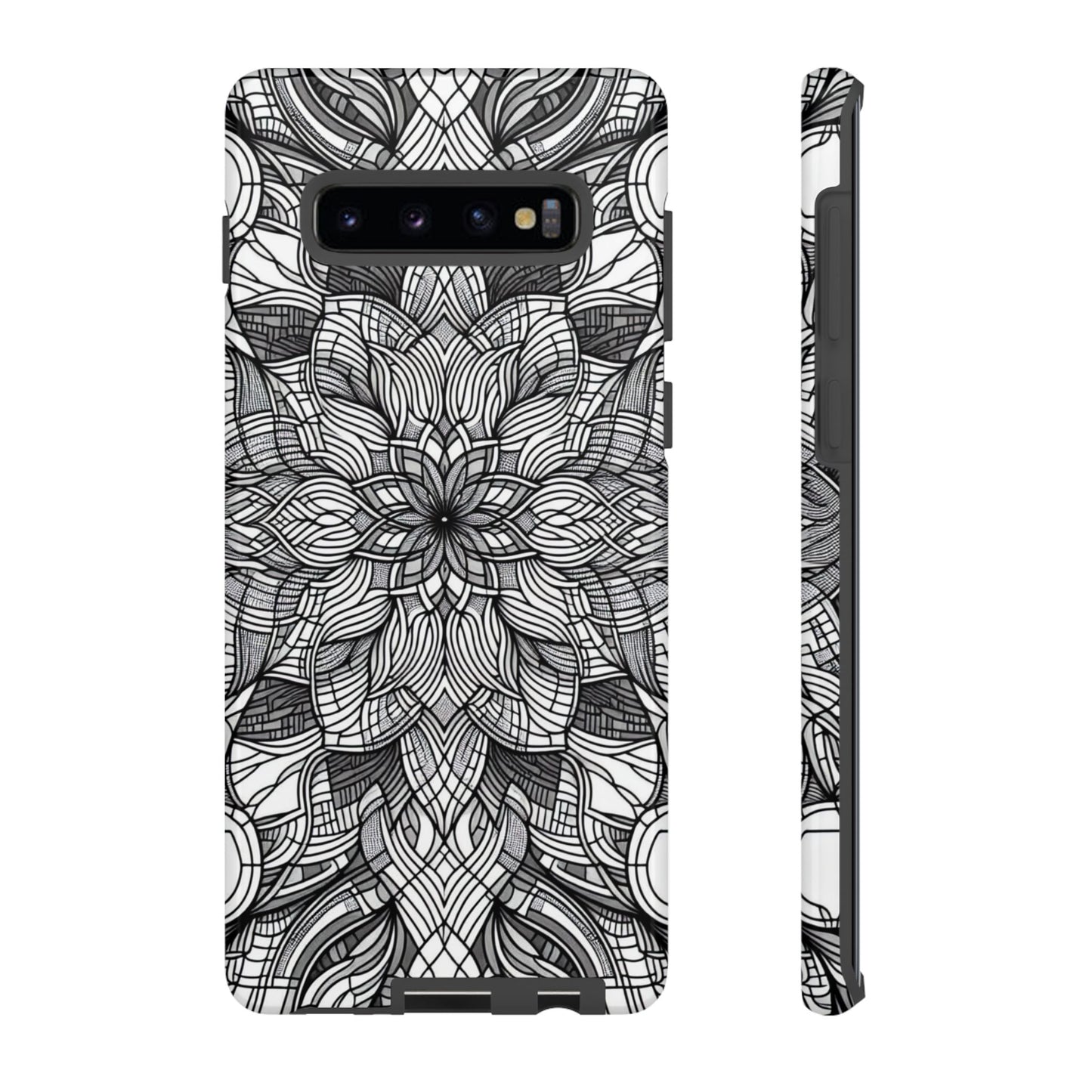 Black and White Art Explosion Samsung phone case with intricate floral pattern for full protection and artistic style