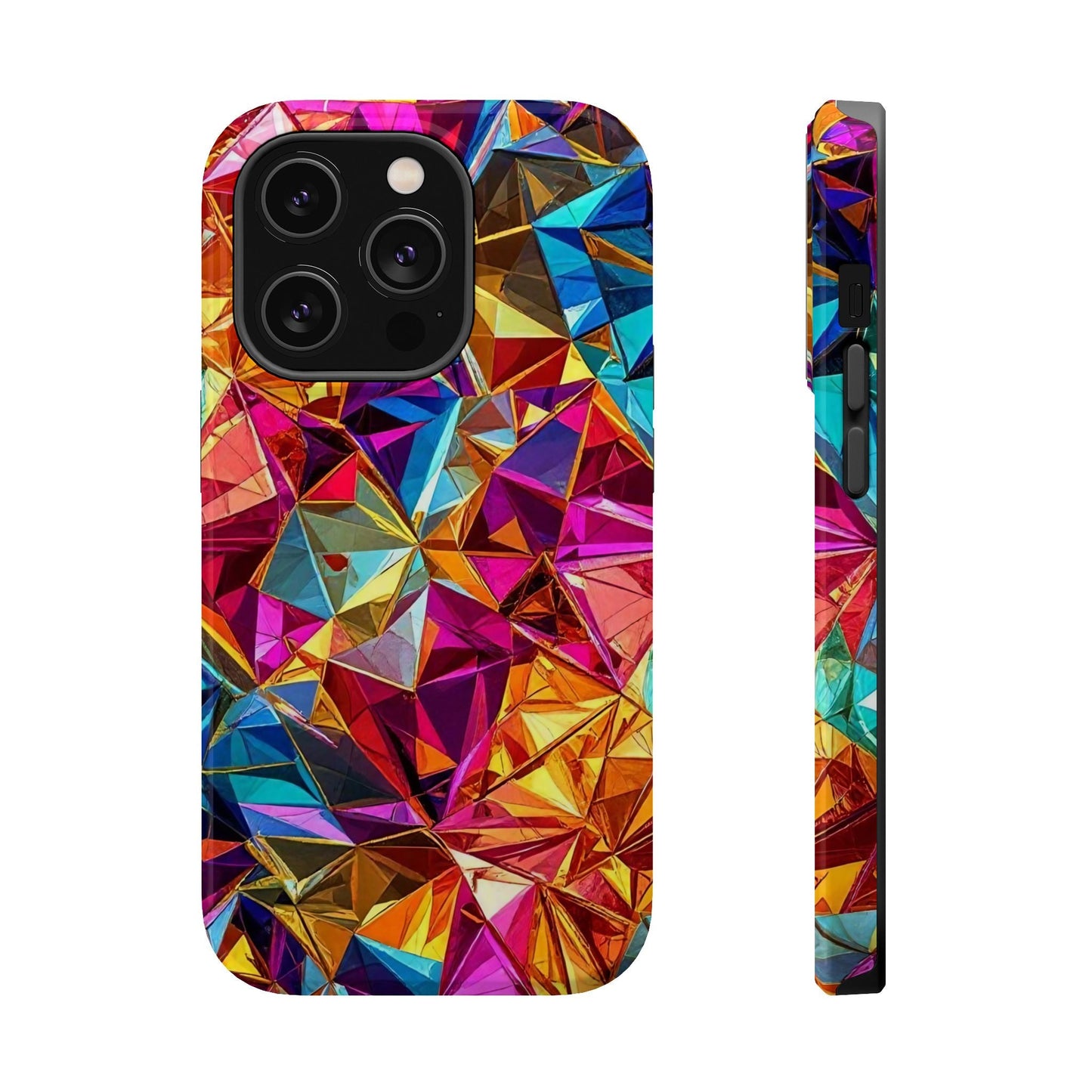 Colorful rainbow foil iPhone tough case with glossy and matte finish, durable protective dual-layer design, compatible with MagSafe accessories.