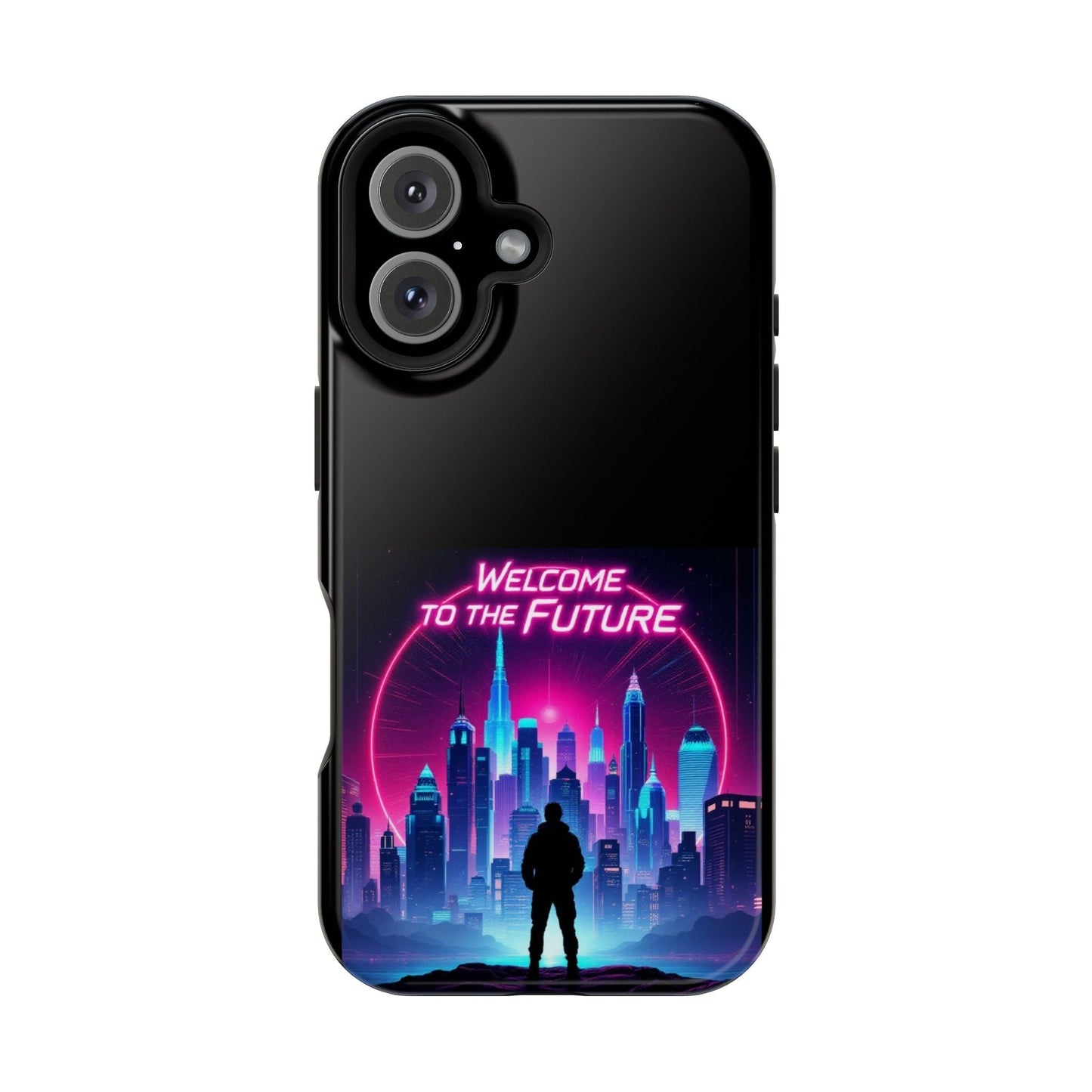 Futuristic Vibe iPhone Case with neon cityscape and "Welcome to the Future" text, durable MagSafe compatible design