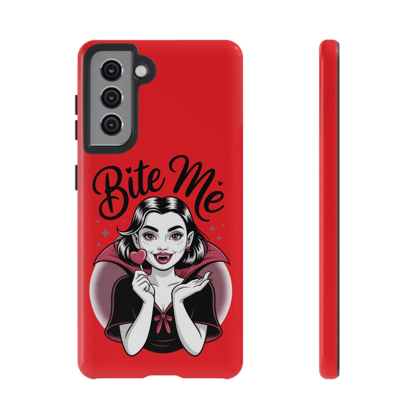 Red Samsung phone case with a cartoon vampire woman holding a heart lollipop and the text "Bite Me" in black cursive font