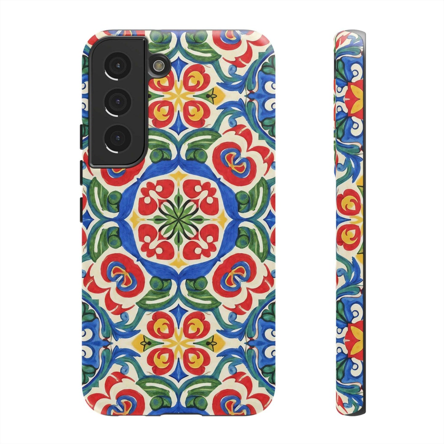 Mediterranean Samsung Case with hand-painted tile design and dual-layer protection in vibrant blue, red, yellow, and green colors