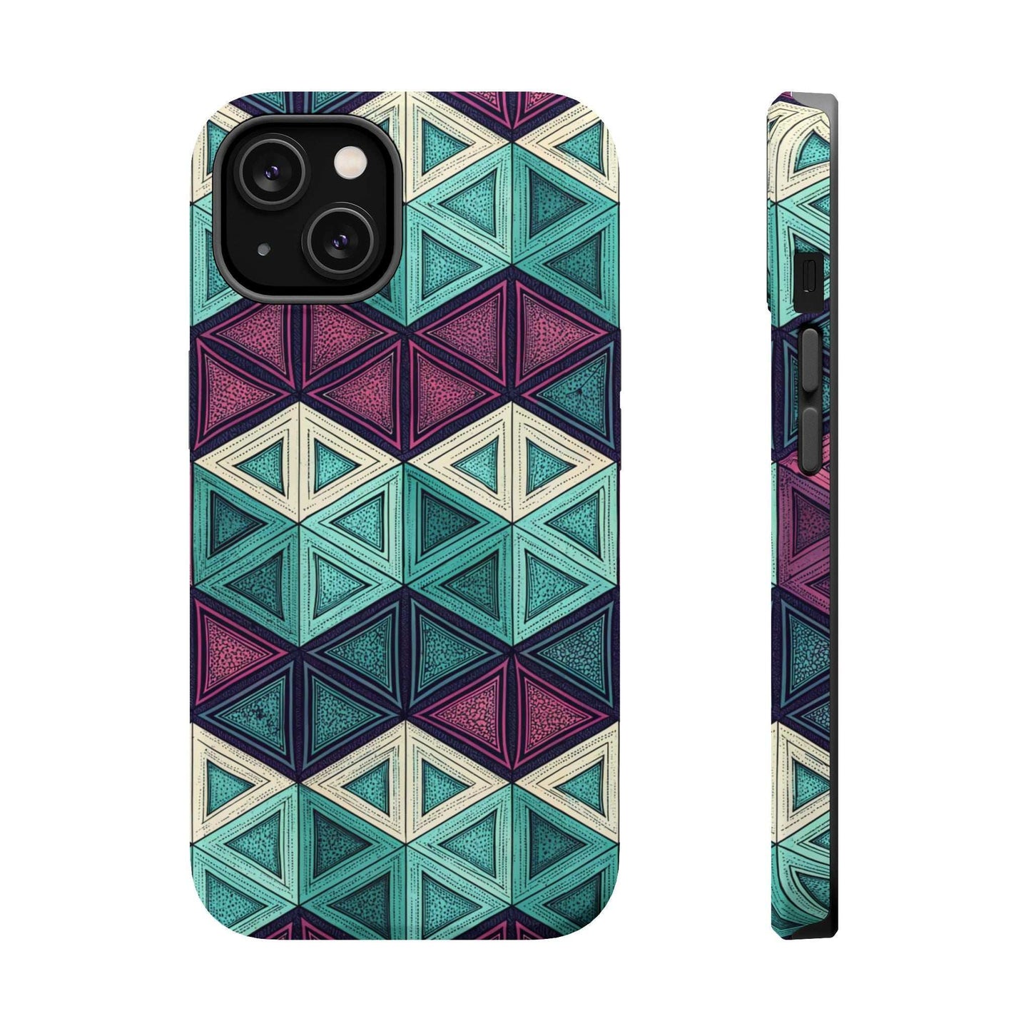 Purple and Teal Abstract geometric triangle pattern magnetic iPhone tough case with MagSafe compatibility