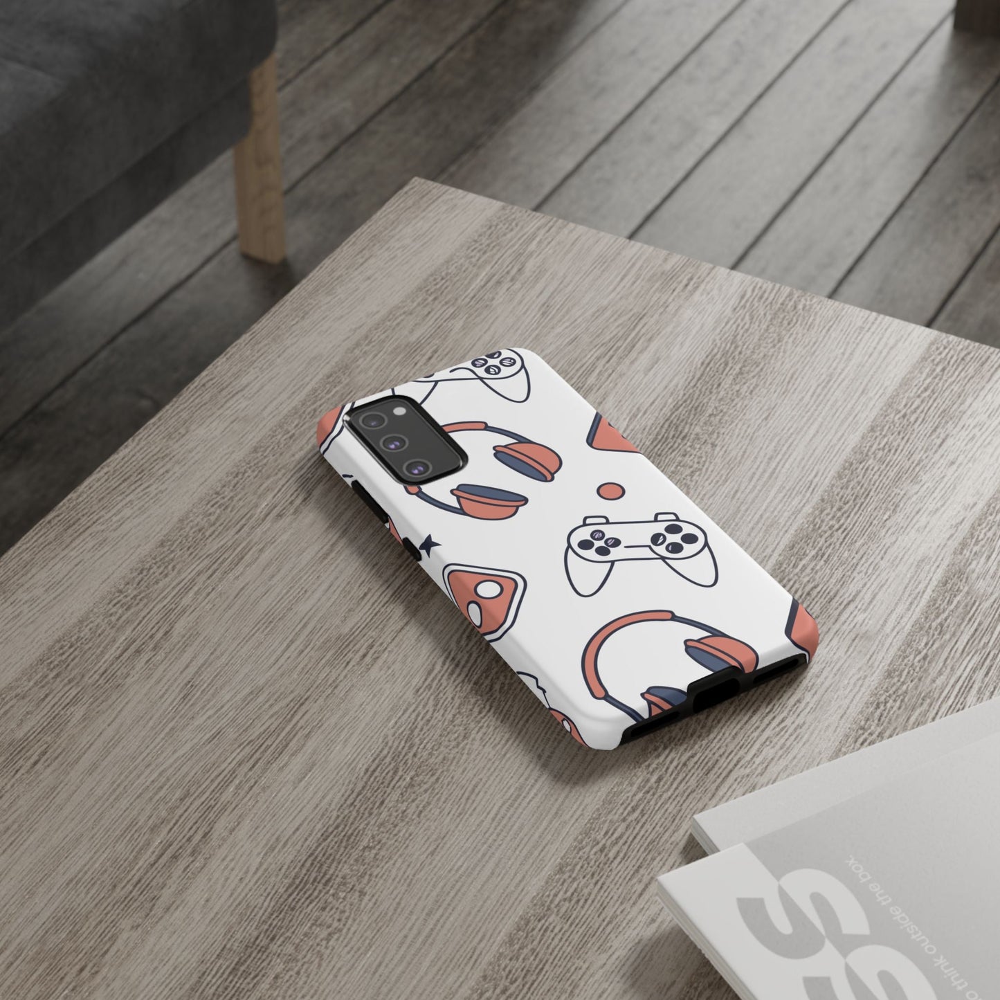 Samsung phone case with gamer design featuring controllers and headsets, durable and impact-resistant Gamer Tough Phone Case.