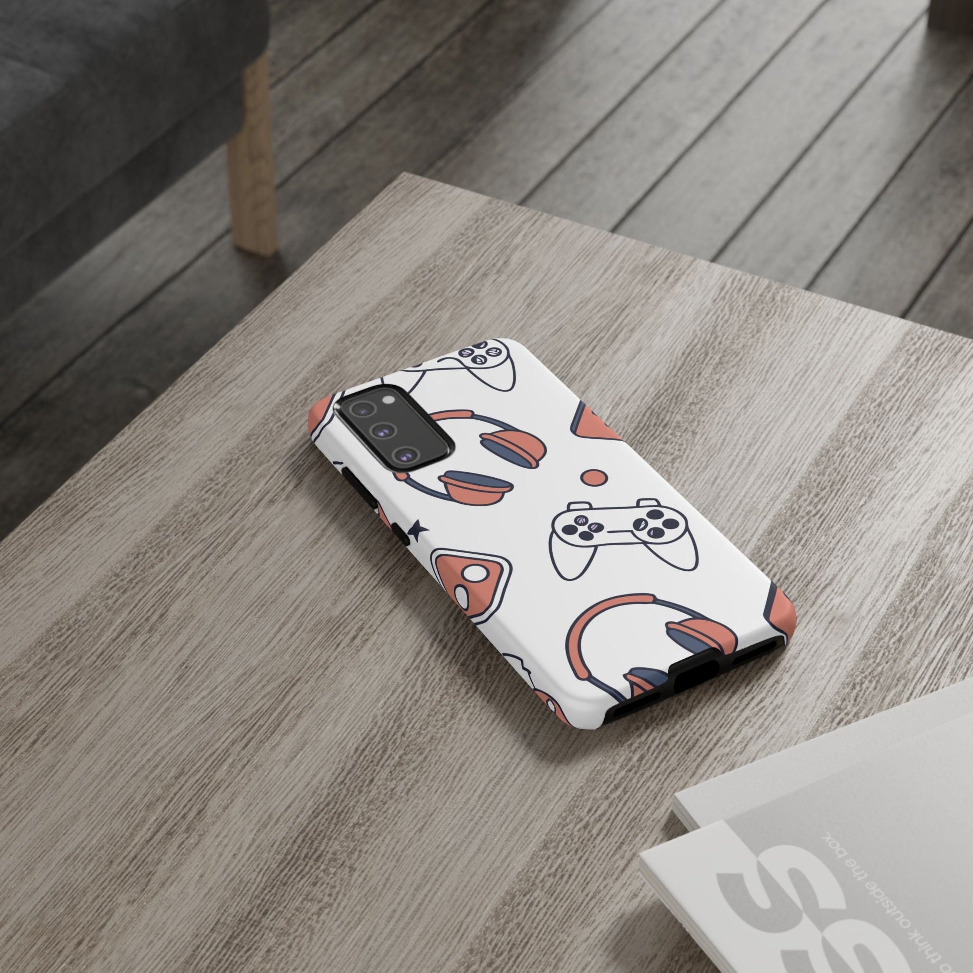Samsung phone case with gamer design featuring controllers and headsets, durable and impact-resistant Gamer Tough Phone Case.