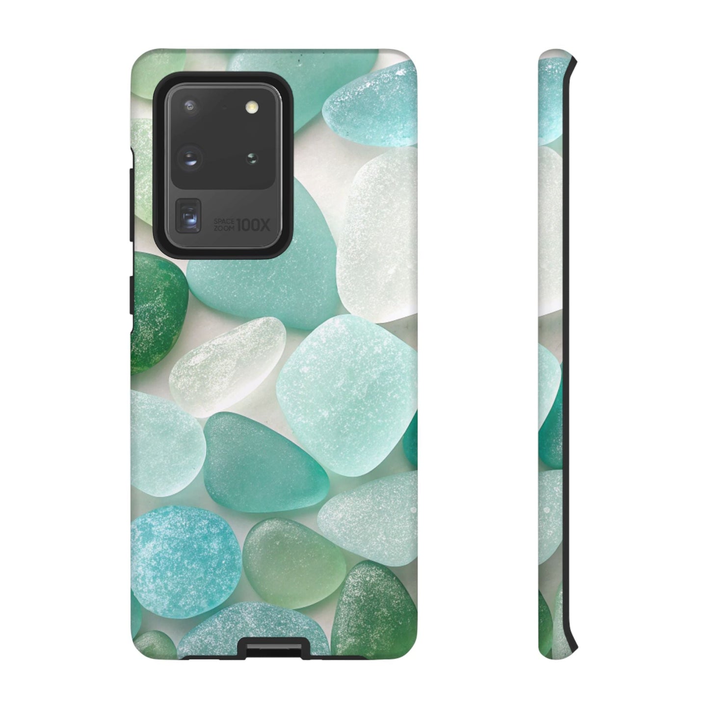 Samsung phone case with calming sea glass design in shades of blue and green, durable and impact-resistant protection for Galaxy models