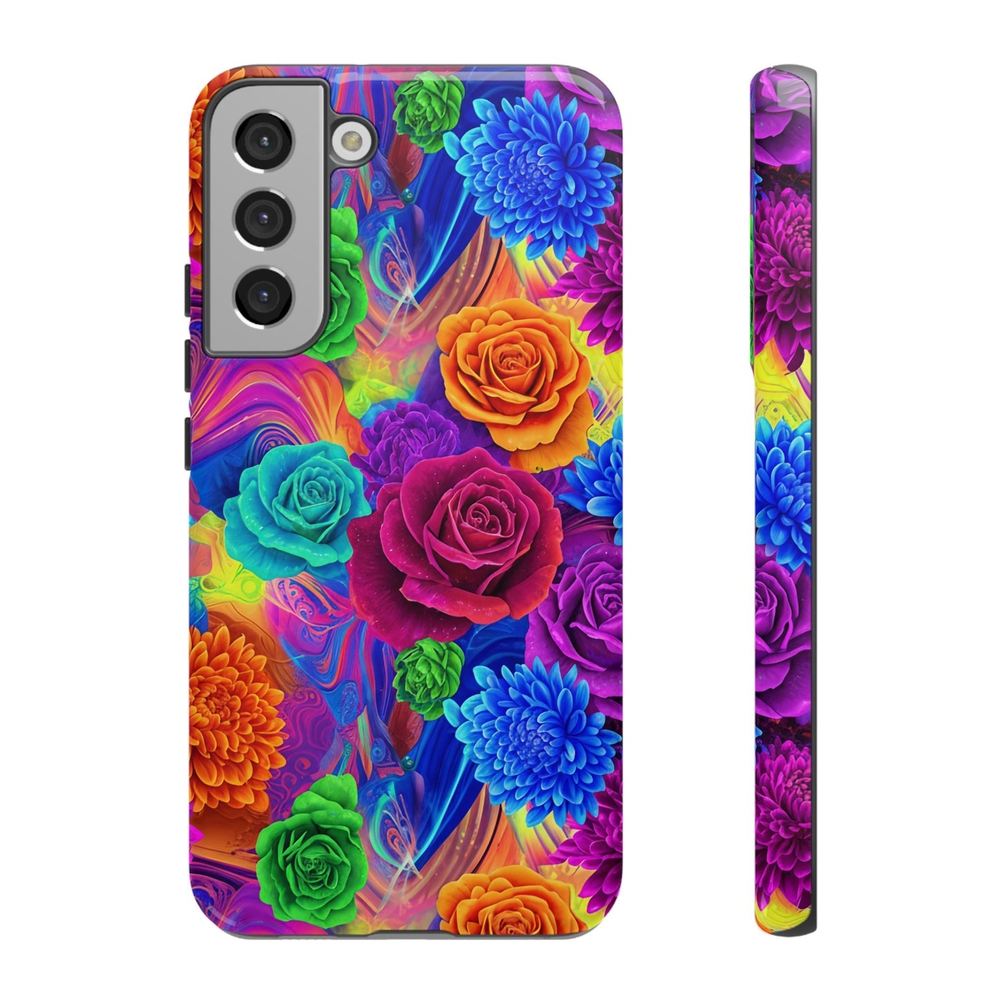 Vibrant Floral Samsung phone case with colorful roses and chrysanthemums, durable protective cover with 3D wrap and shock absorption.