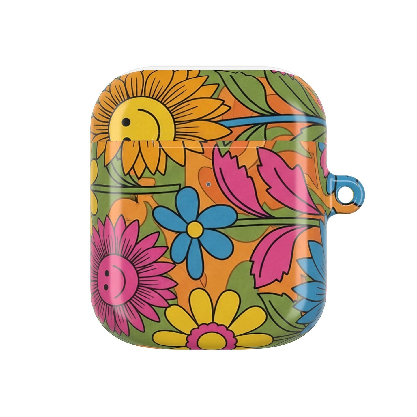 Colorful Flower Power AirPod Case with smiling sunflowers and vibrant floral design, durable polycarbonate shell with carabiner.