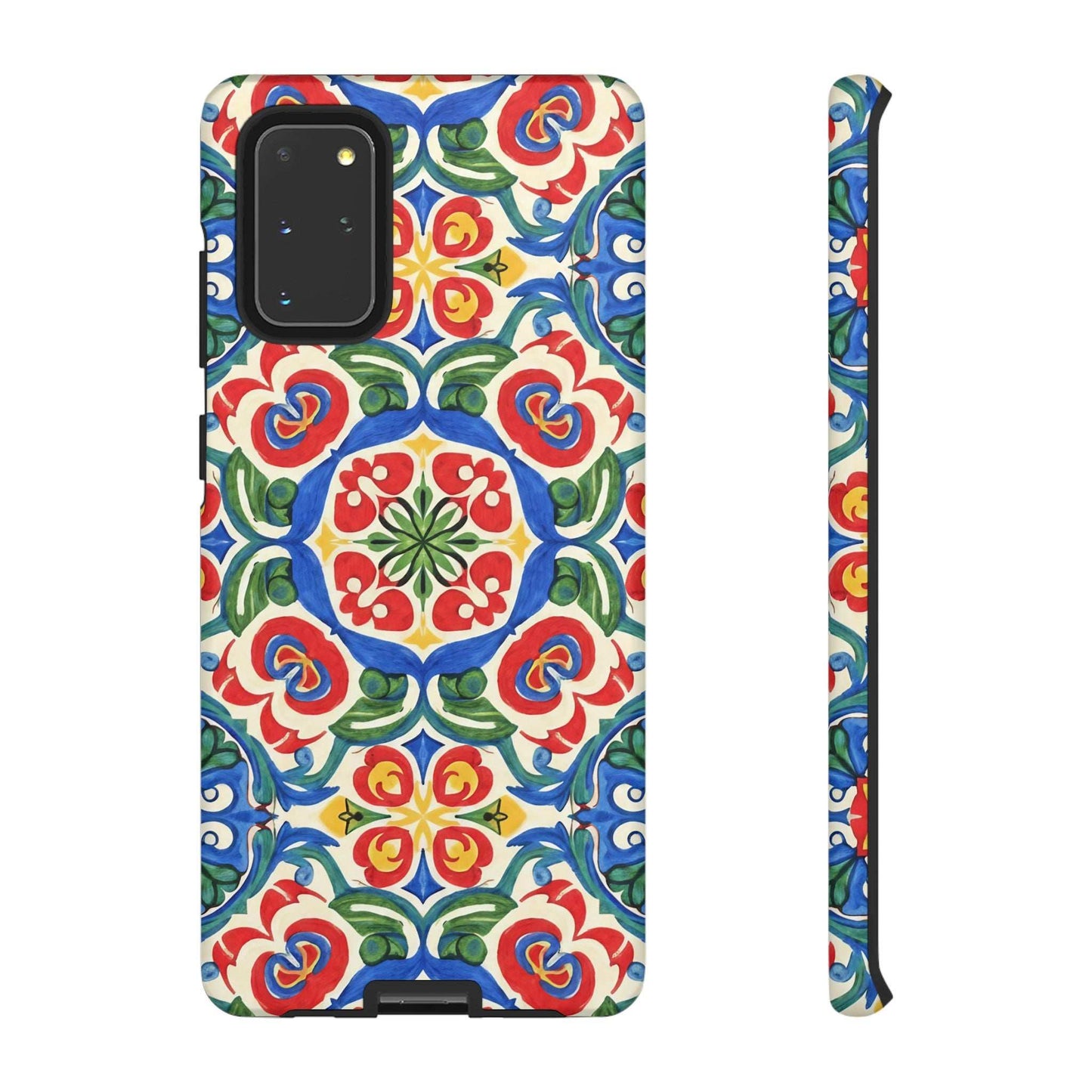Mediterranean Samsung Case with vibrant hand-painted tile design and dual-layer protective construction