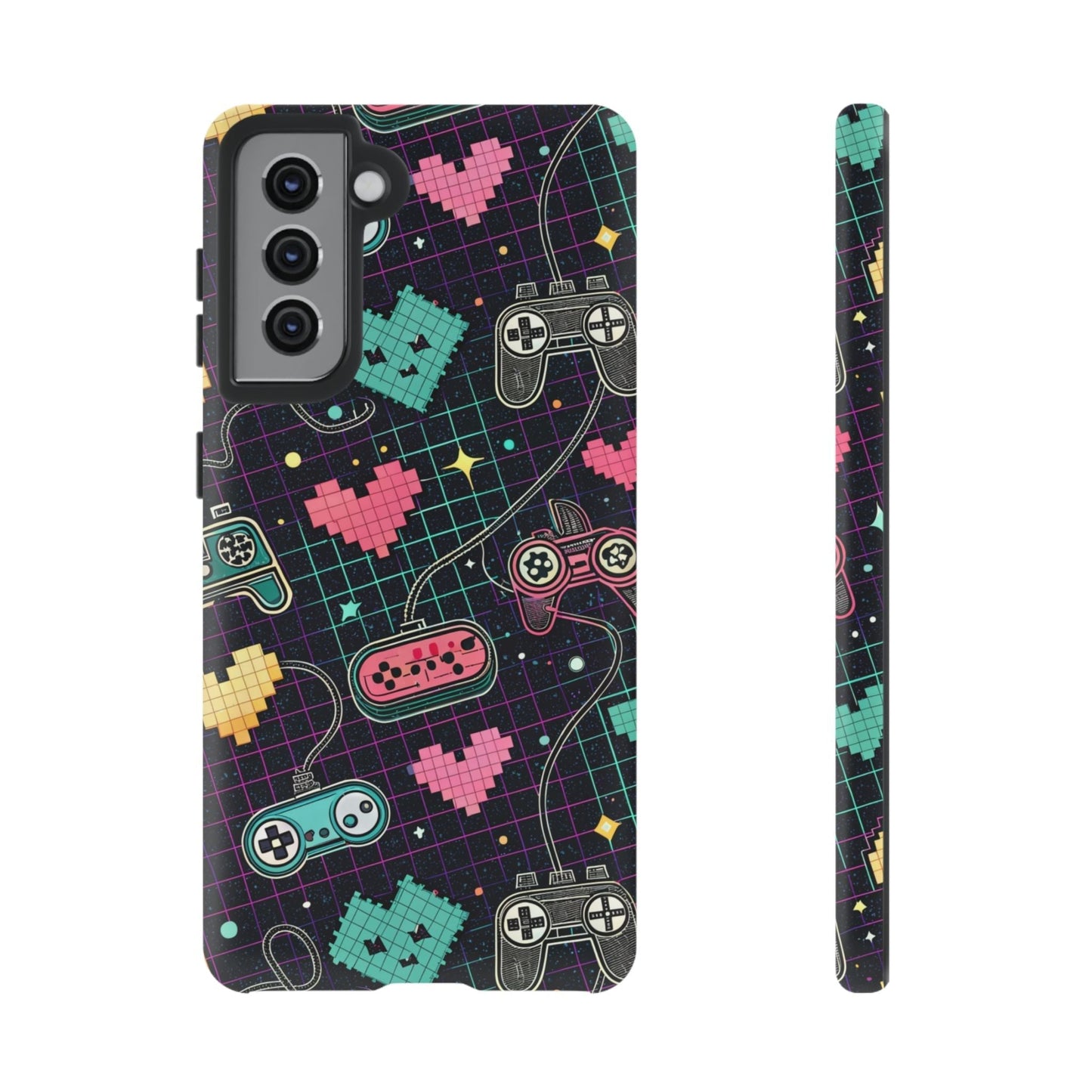 Retro gamer tough case for Samsung Galaxy with colorful pixelated game controllers and hearts design, durable and impact-resistant.