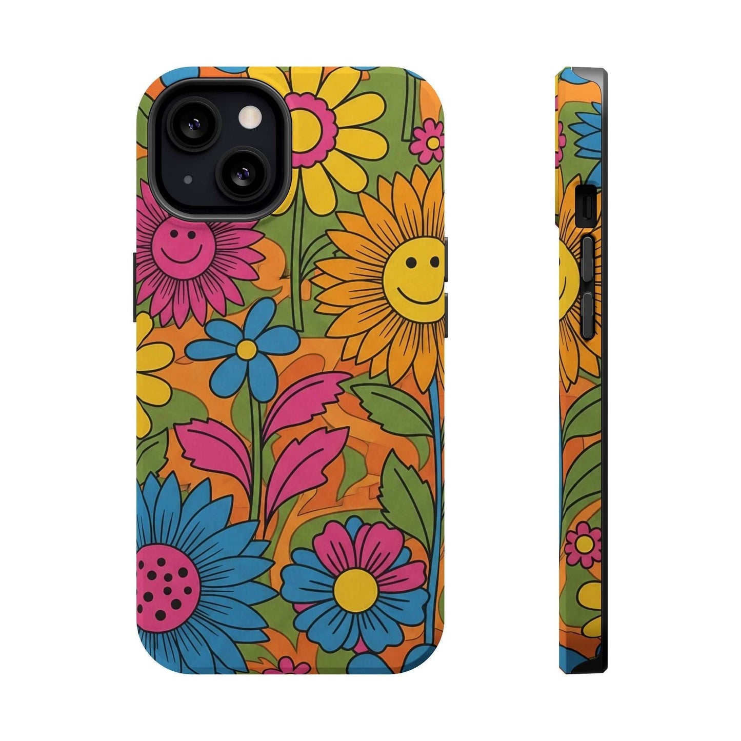 Flower Power iPhone Tough Case with colorful smiling flowers design and durable protective polycarbonate material