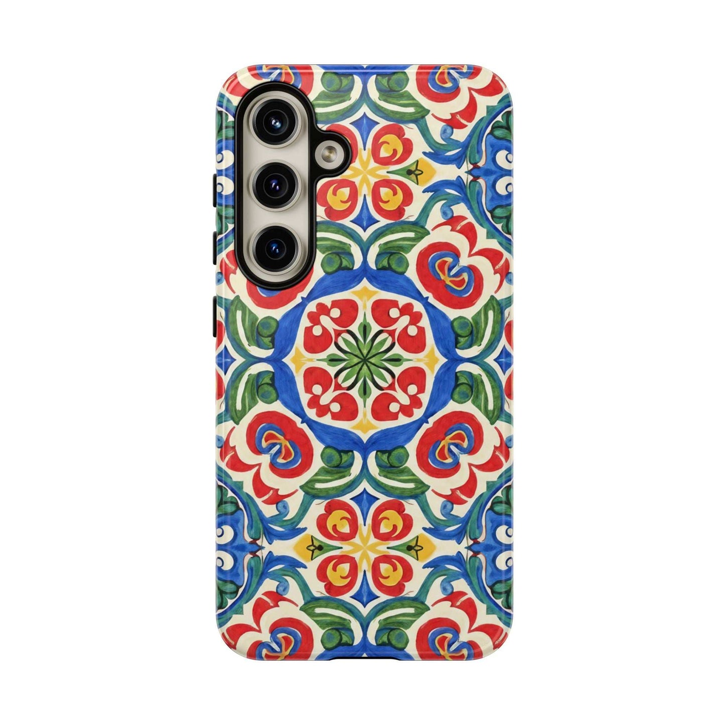 Mediterranean Samsung Case with hand-painted tile design and dual-layer protection in vibrant blue, red, and green colors