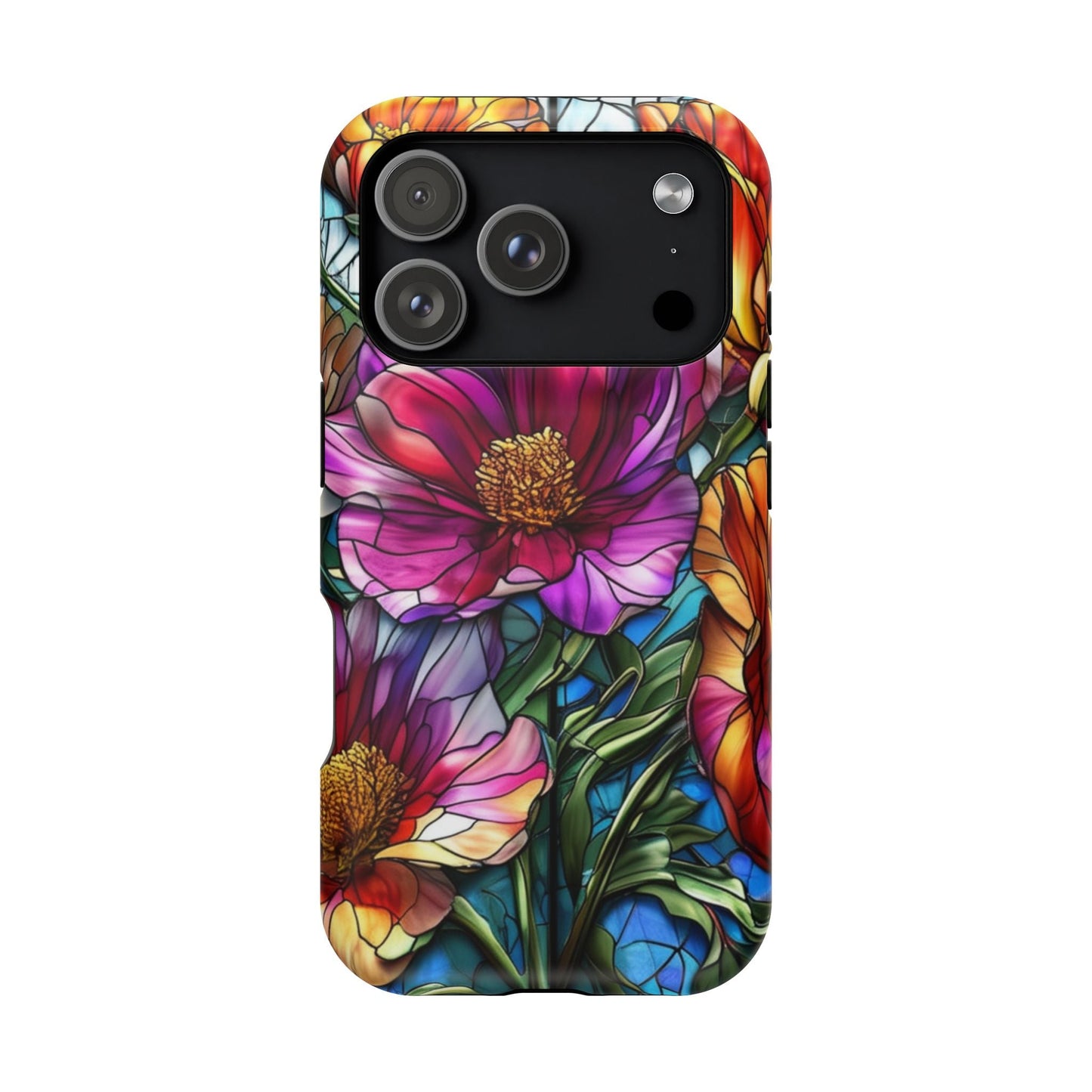Vibrant purple flower iPhone case with durable protective cover and MagSafe compatibility